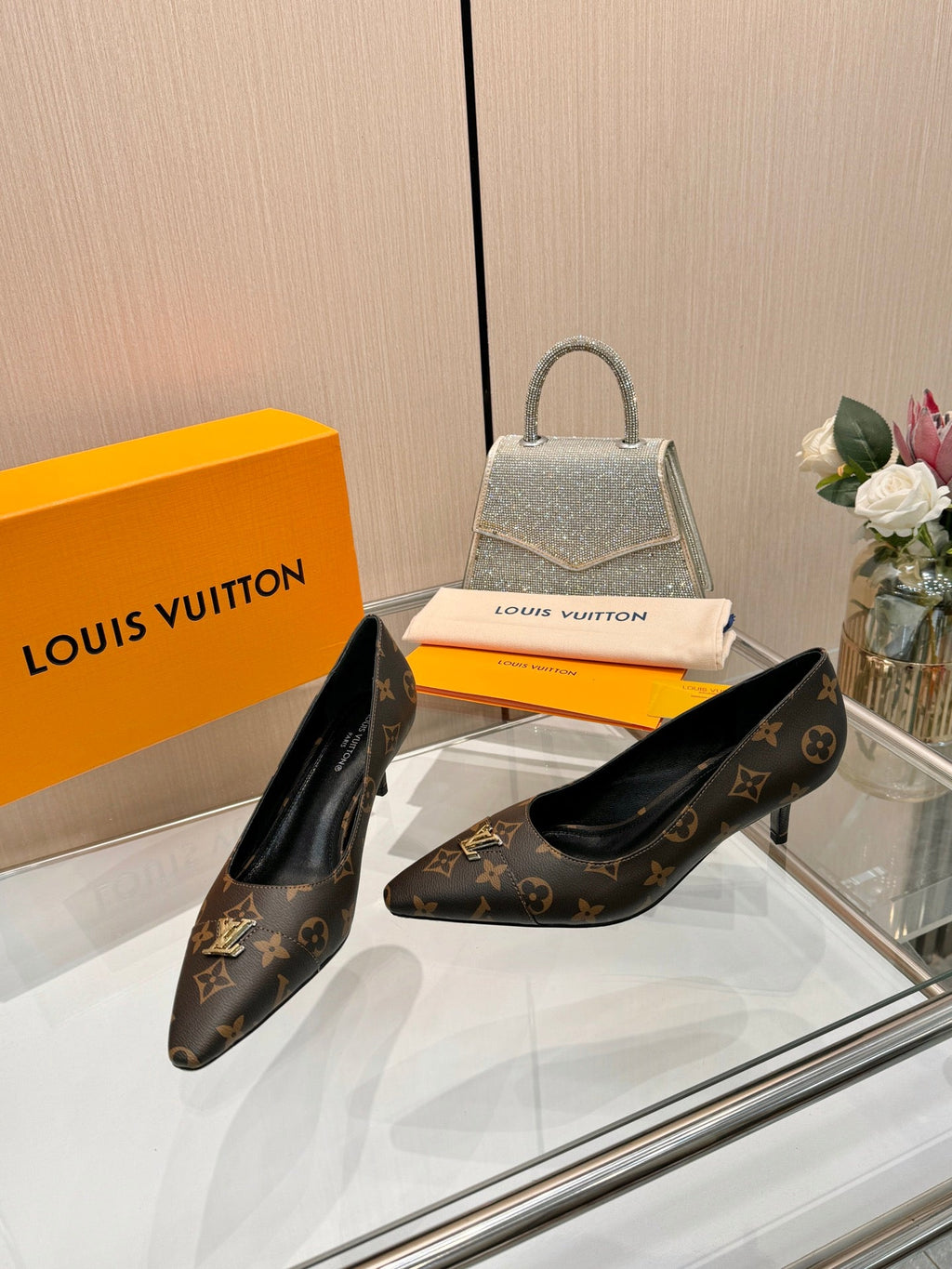 LV 26S POINTED-TOE HIGH HEELS 55 MM IN DARK BROWN COATED CANVAS