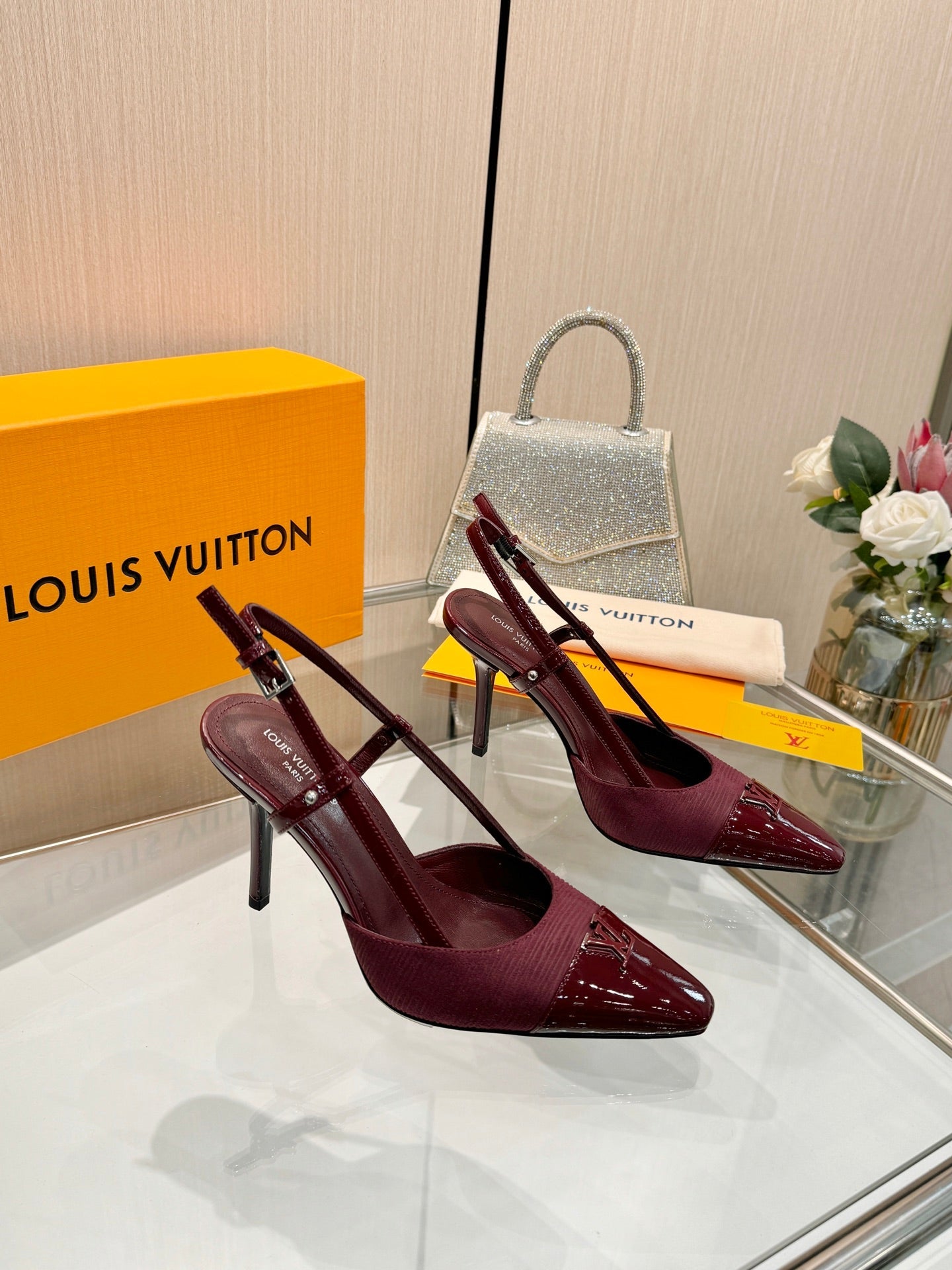LV 26S SLINGBACK PUMPS 90 MM IN DARK RED FABRIC AND CALFSKIN