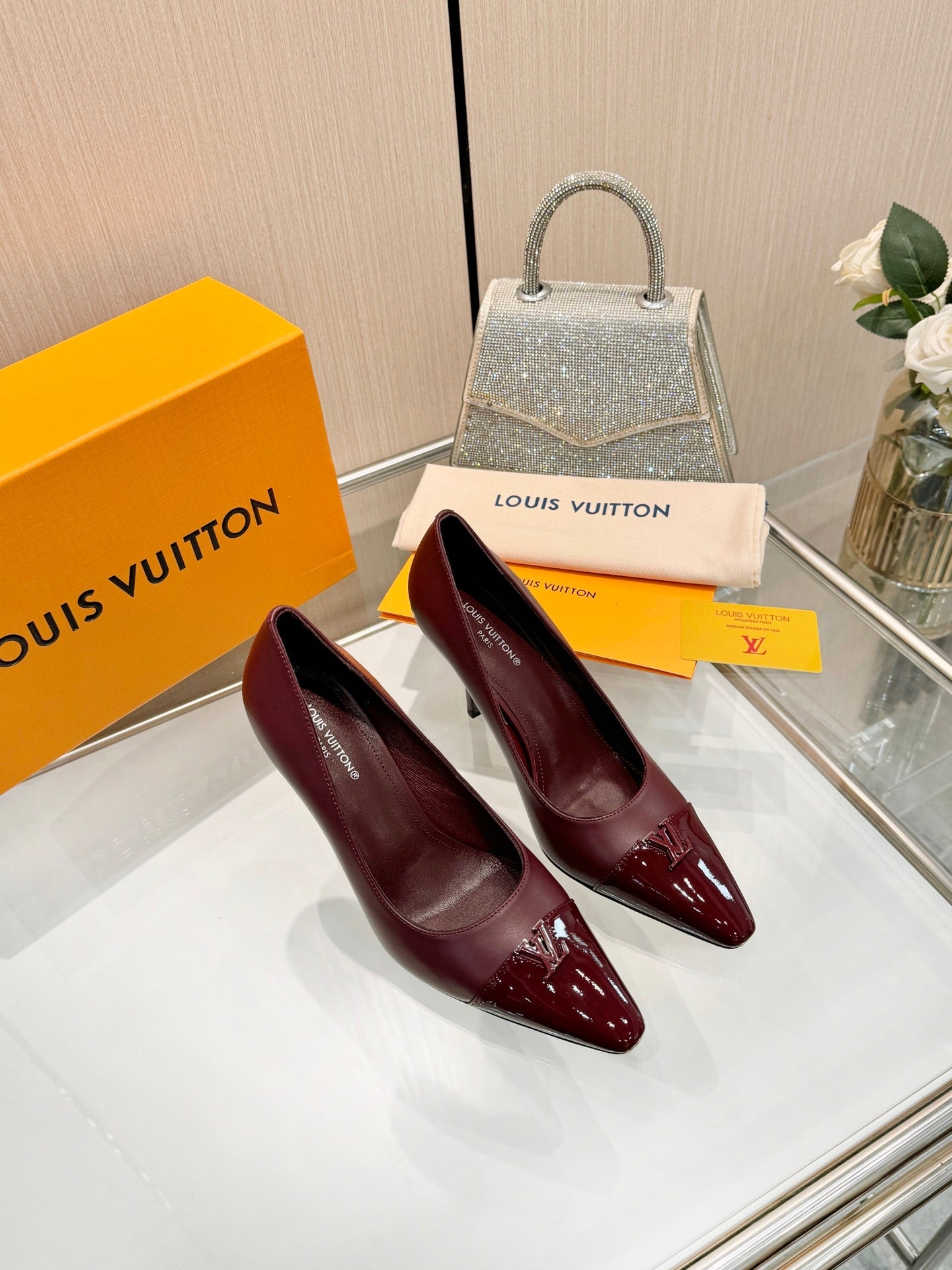 LV 26S POINTED-TOE HIGH HEELS 90 MM IN DARK RED CALFSKIN