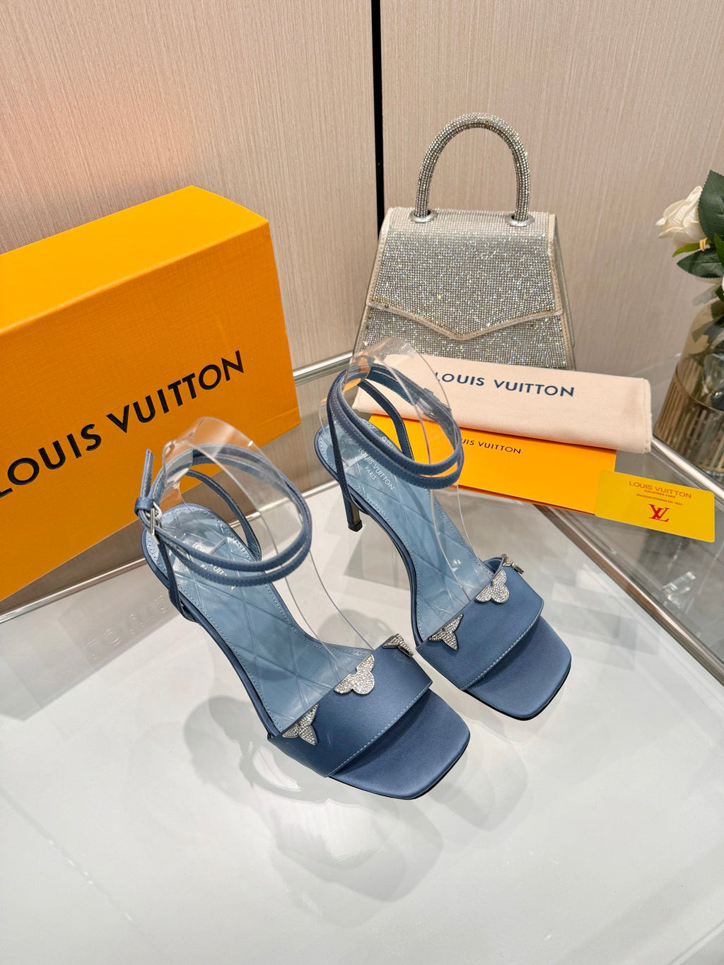 LV 26S HIGH-HEELED SANDALS 90 MM IN DUSTY BLUE SATIN