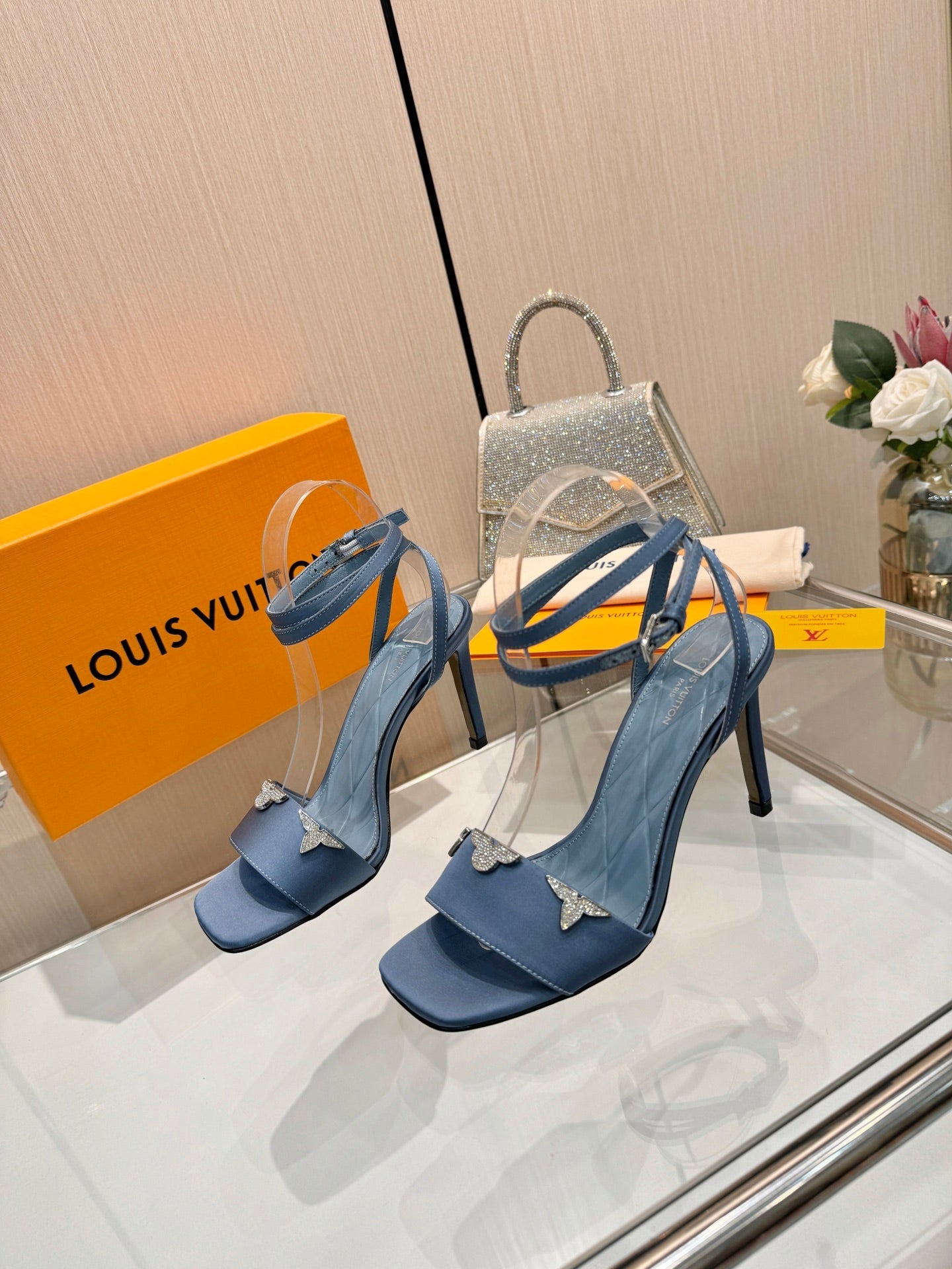 LV 26S HIGH-HEELED SANDALS 90 MM IN DUSTY BLUE SATIN