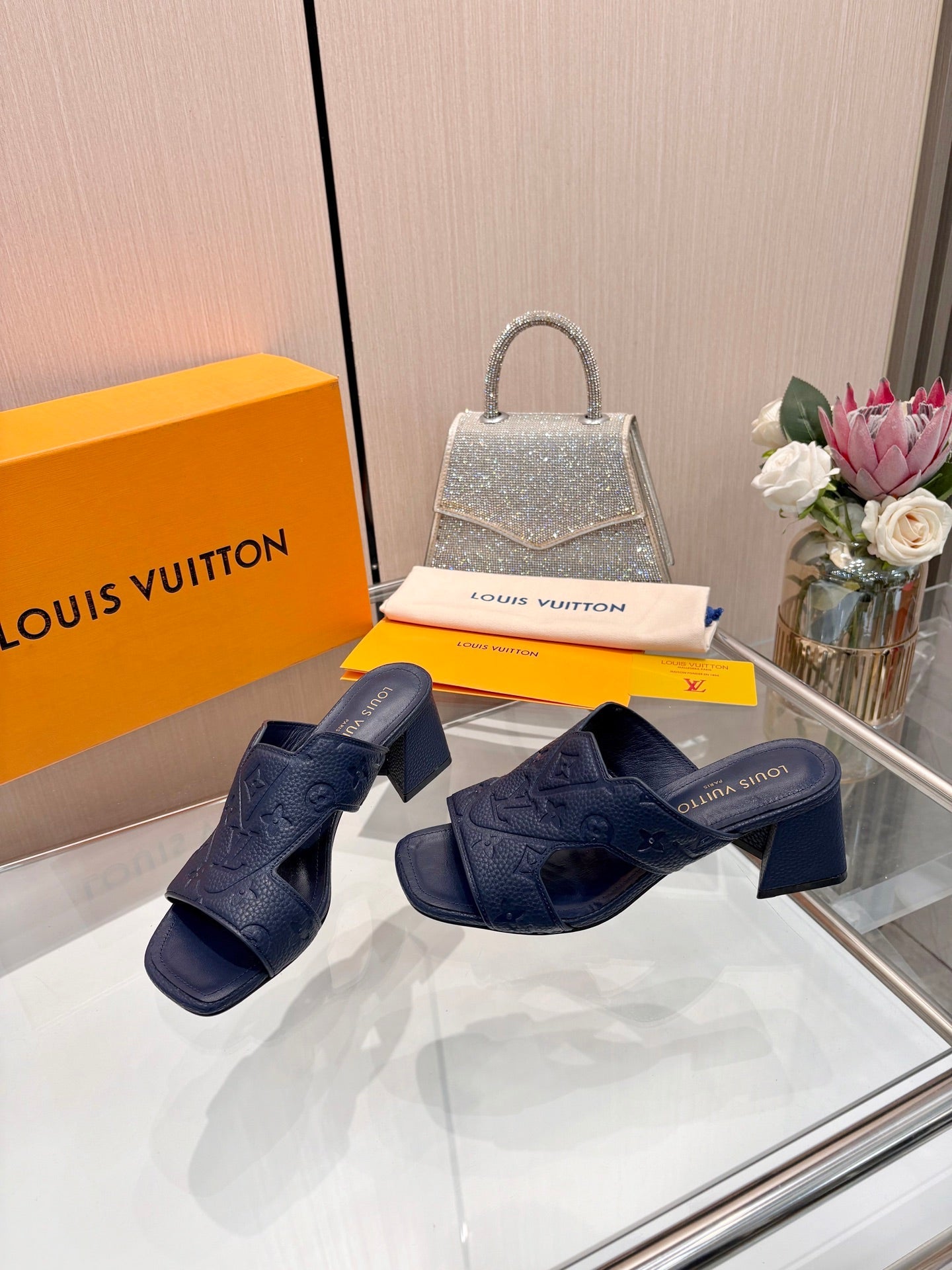LV 26S HIGH-HEELED SANDALS 55 MM IN DARK SLATE BLUE CALFSKIN
