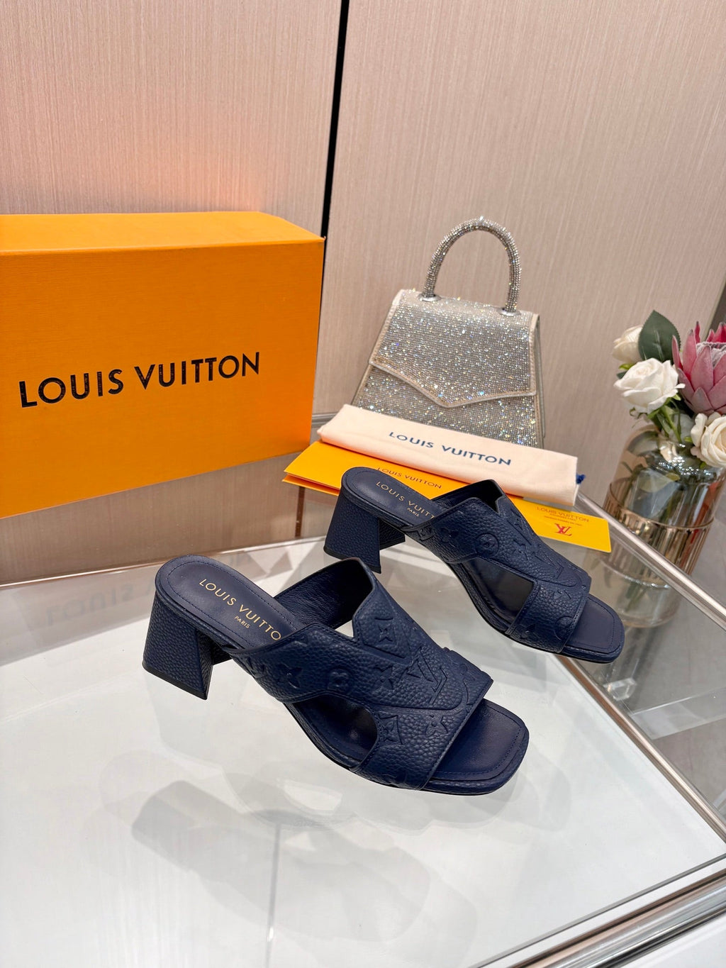 LV 26S HIGH-HEELED SANDALS 55 MM IN DARK SLATE BLUE CALFSKIN