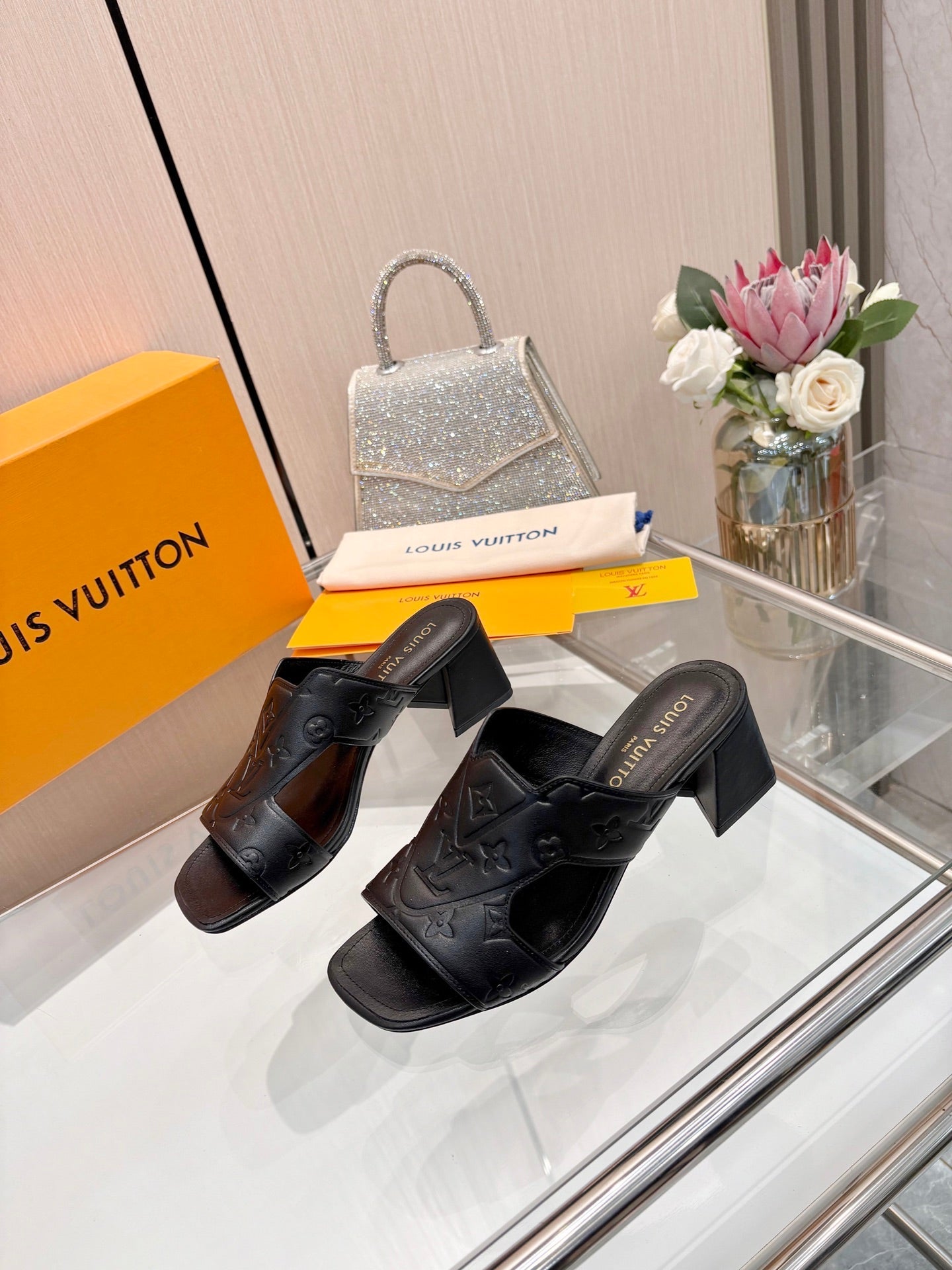 LV 26S HIGH-HEELED SANDALS 55 MM IN BLACK CALFSKIN