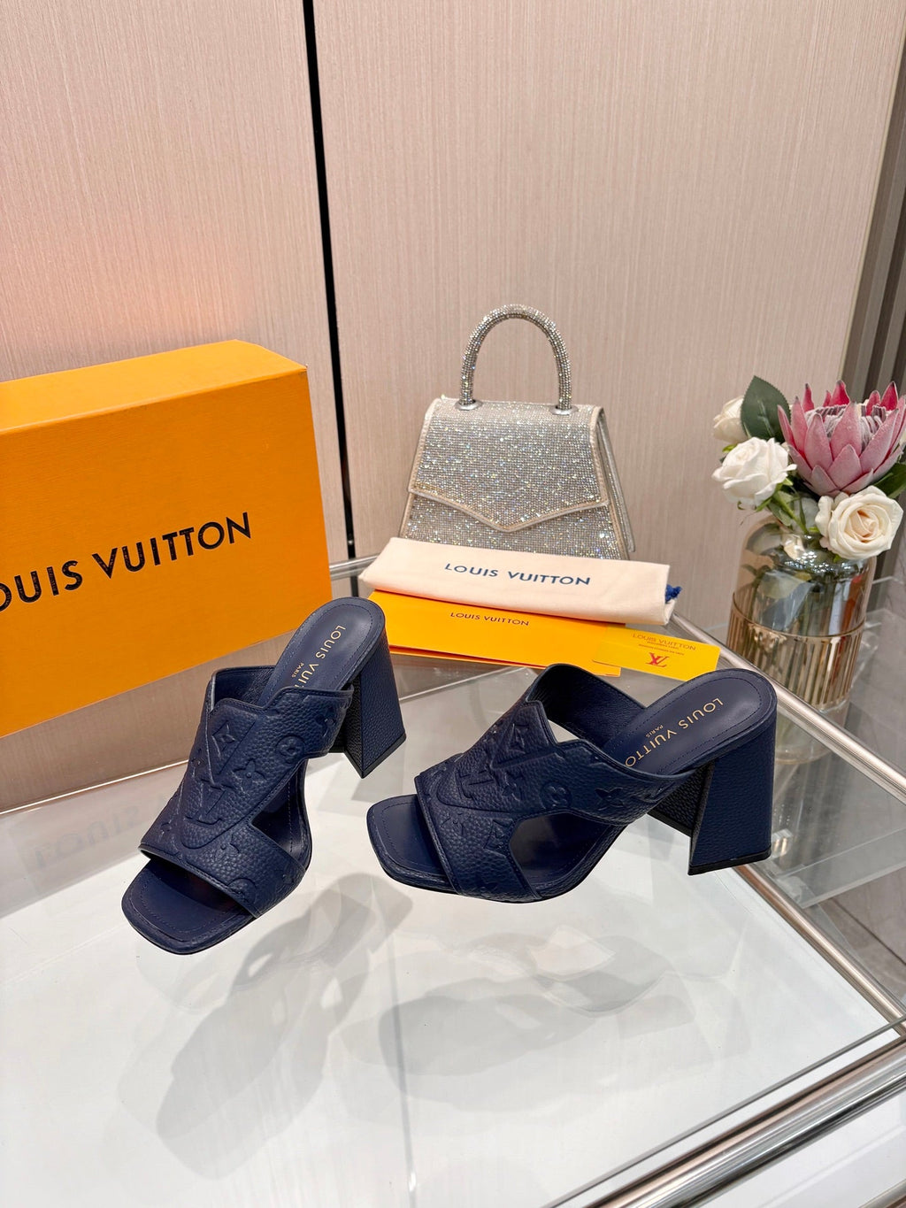LV 26S HIGH-HEELED SANDALS 90 MM IN DARK SLATE BLUE CALFSKIN