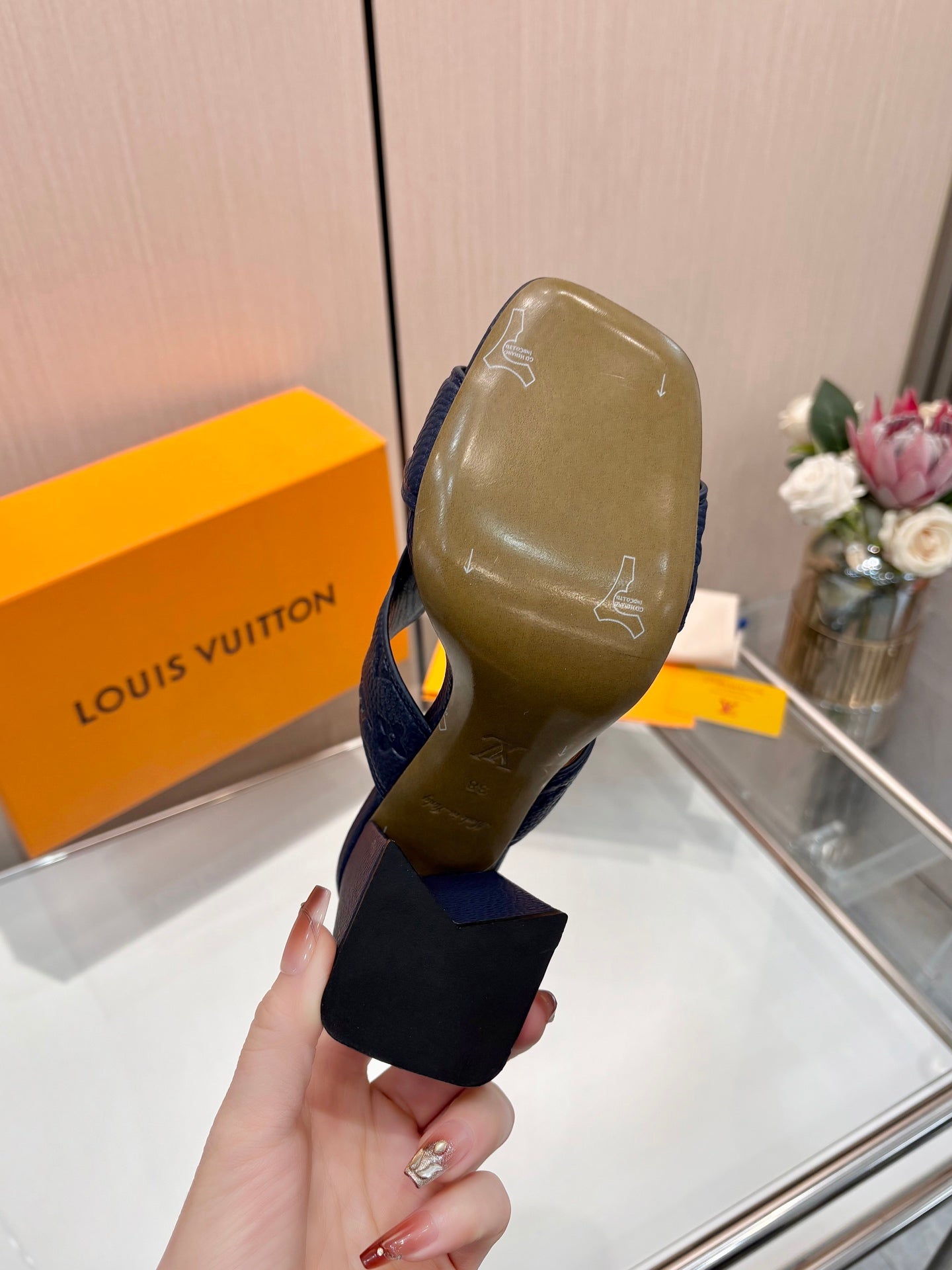 LV 26S HIGH-HEELED SANDALS 90 MM IN DARK SLATE BLUE CALFSKIN