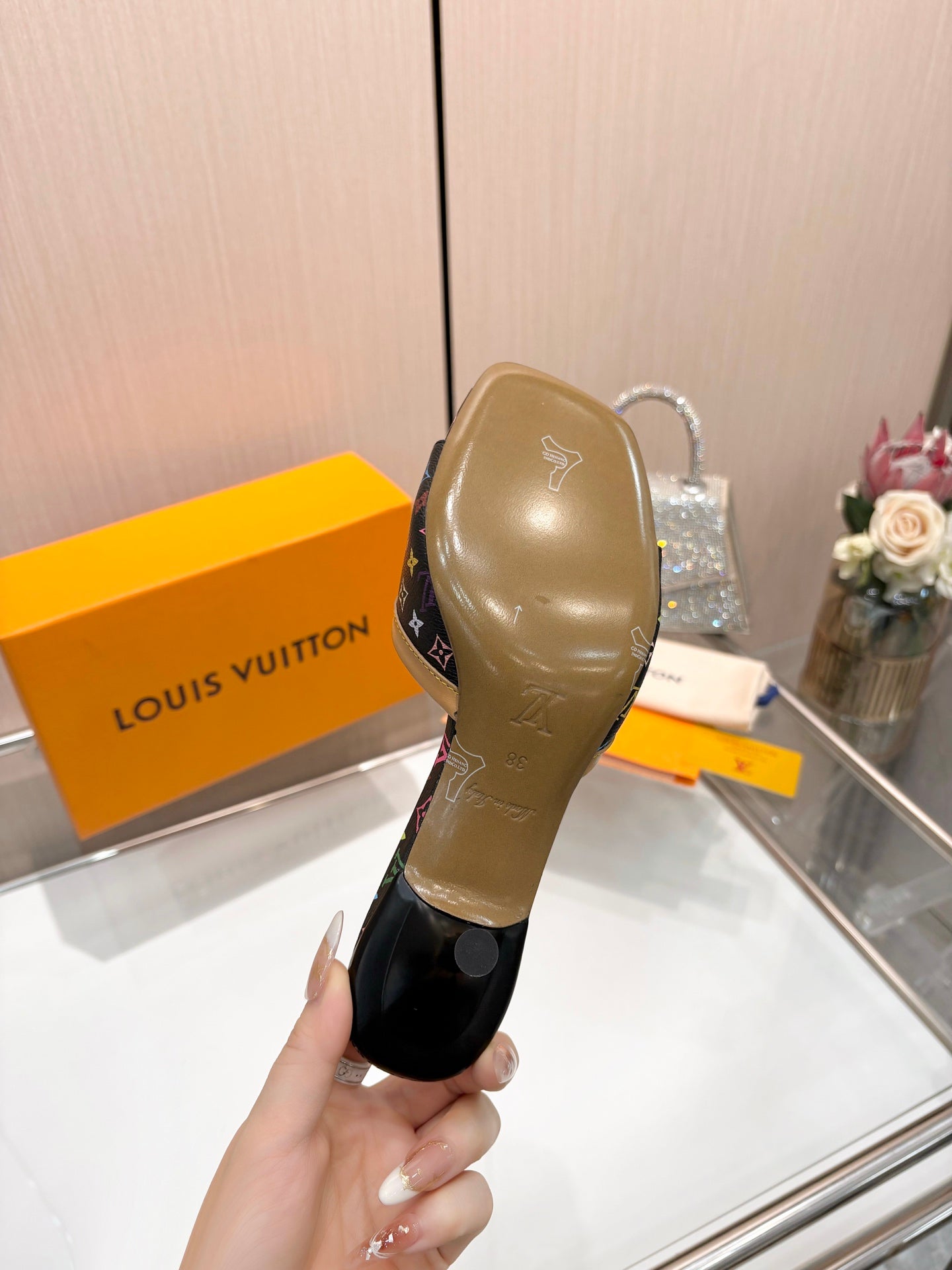 LV 26S HIGH-HEELED MULES 55 MM IN MULTICOLOR MONOGRAM CANVAS STYLE 2