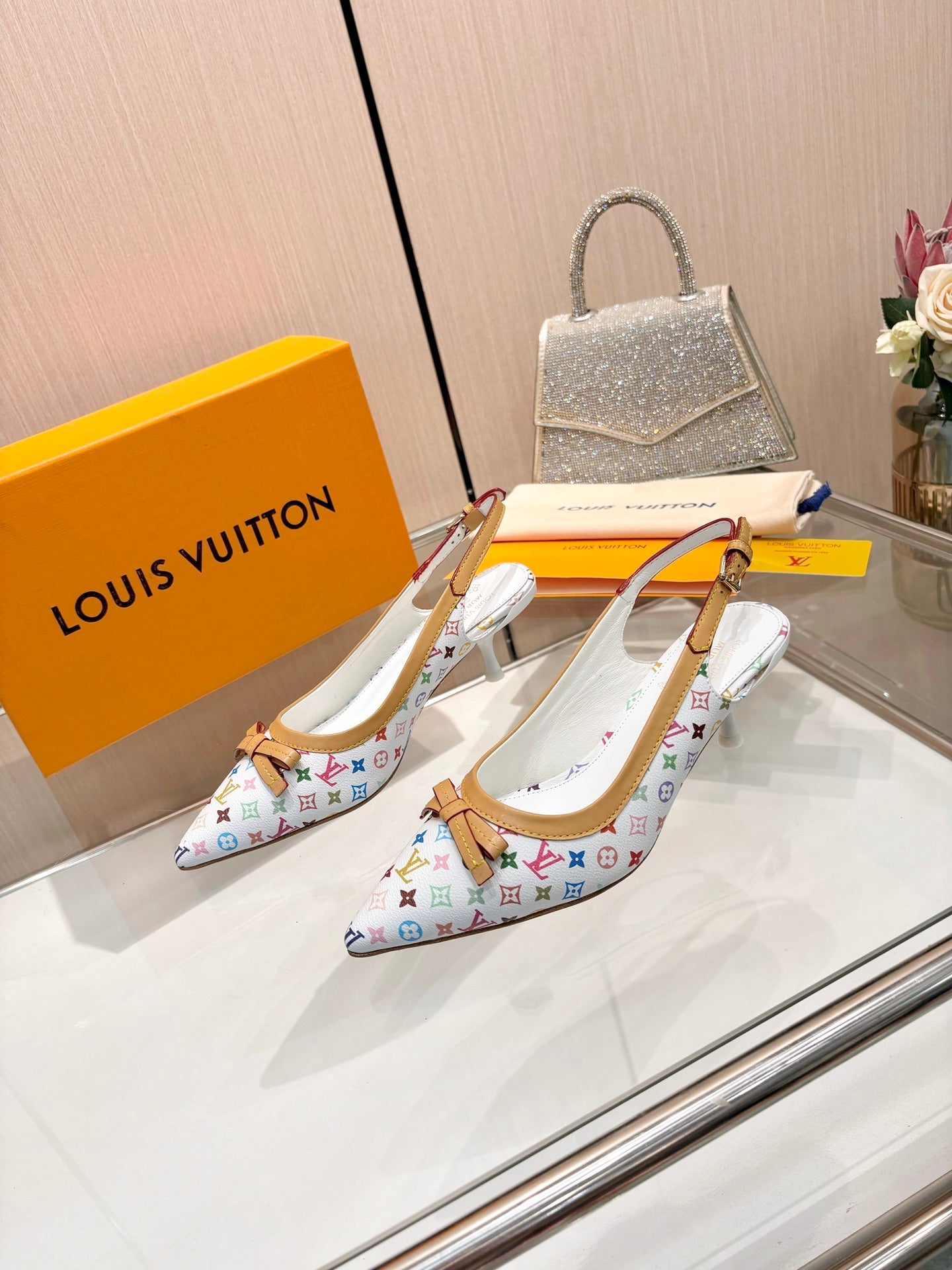LV 26S BOW-DETAIL SLINGBACK PUMPS 55 MM IN MULTICOLOR MONOGRAM CANVAS