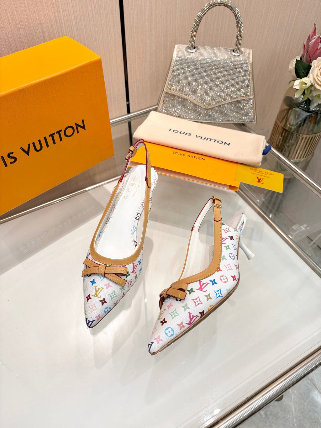 LV 26S BOW-DETAIL SLINGBACK PUMPS 55 MM IN MULTICOLOR MONOGRAM CANVAS