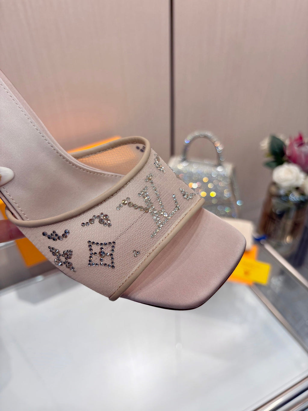 LV 26S MULE HEELS 90 MM IN BEIGE FABRIC AND LAMBSKIN