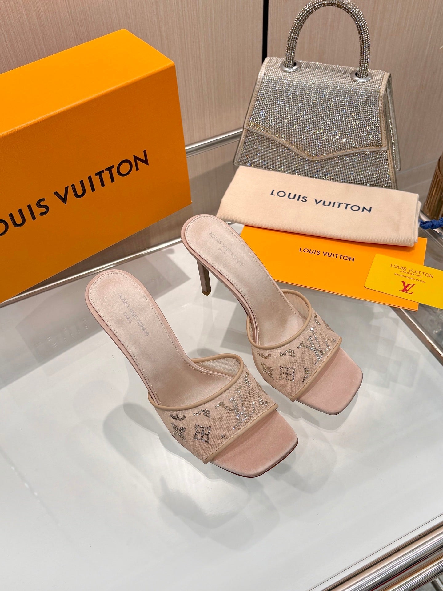 LV 26S MULE HEELS 90 MM IN BEIGE FABRIC AND LAMBSKIN