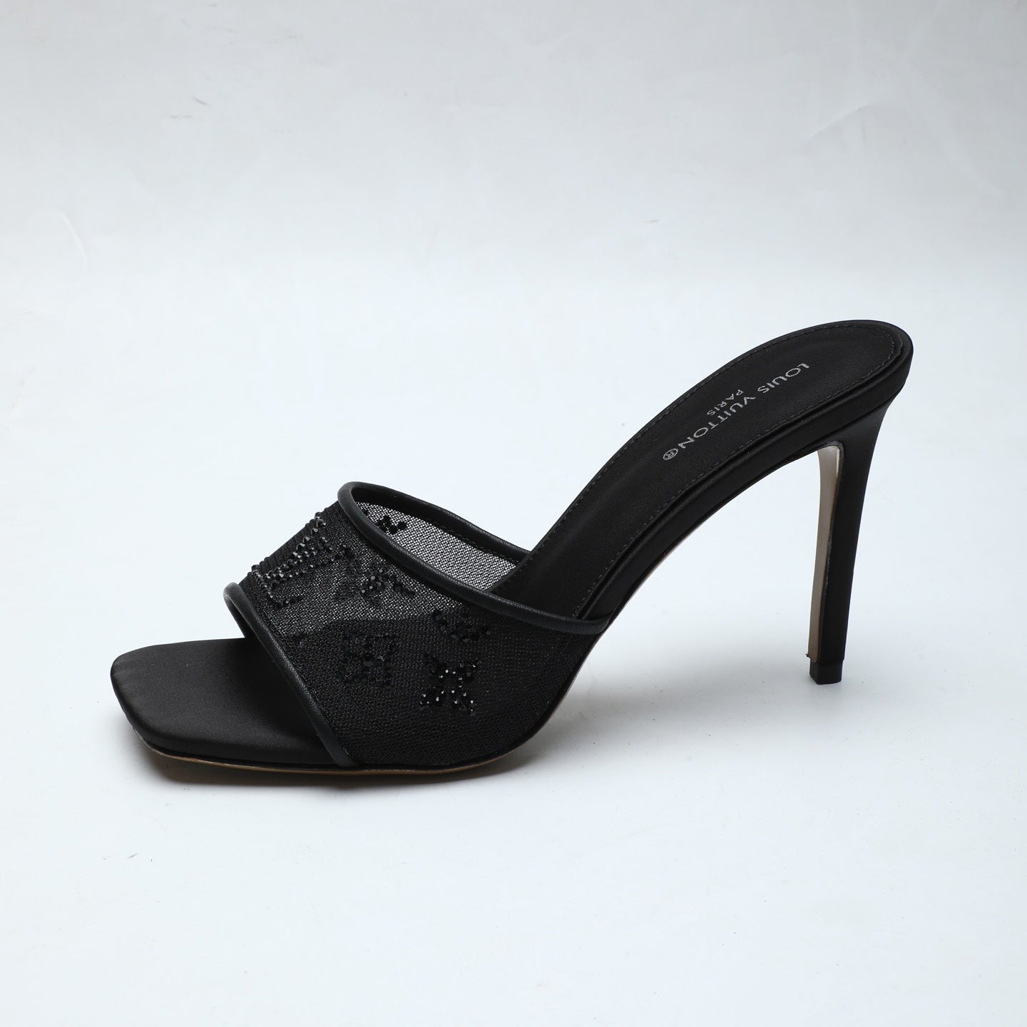 LV 26S MULE HEELS 90 MM IN BLACK FABRIC AND LAMBSKIN