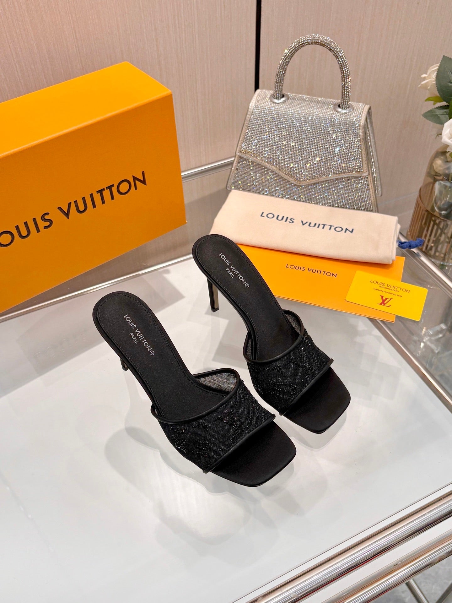 LV 26S MULE HEELS 90 MM IN BLACK FABRIC AND LAMBSKIN