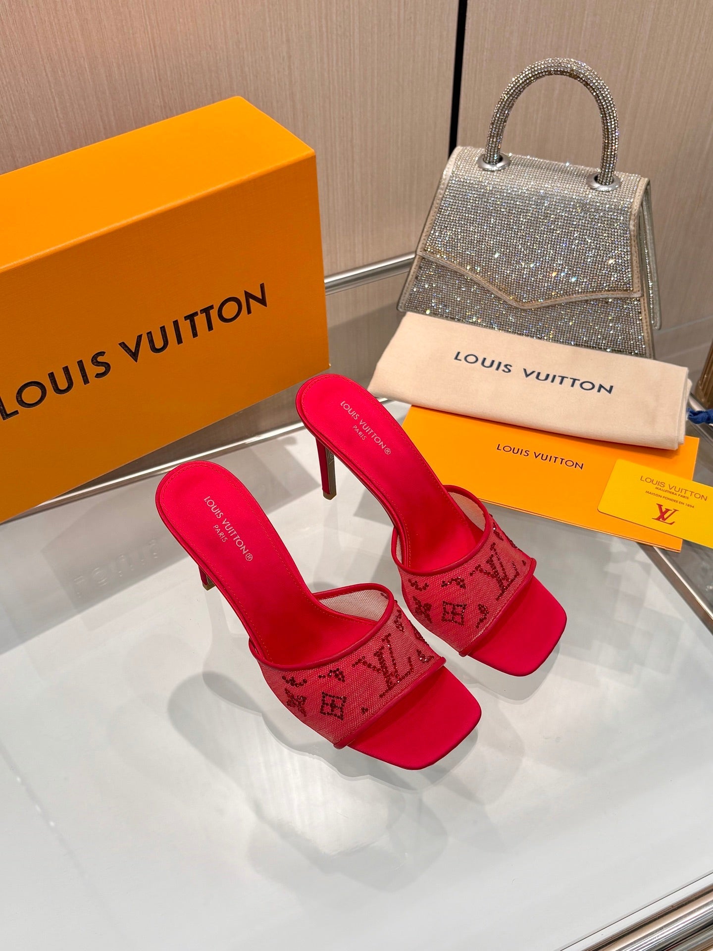 LV 26S MULE HEELS 90 MM IN RED FABRIC AND LAMBSKIN