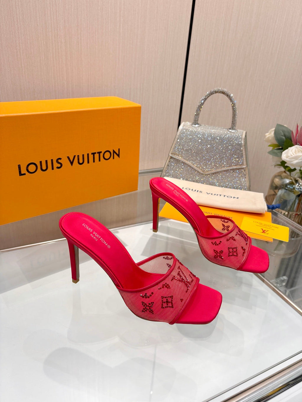 LV 26S MULE HEELS 90 MM IN RED FABRIC AND LAMBSKIN