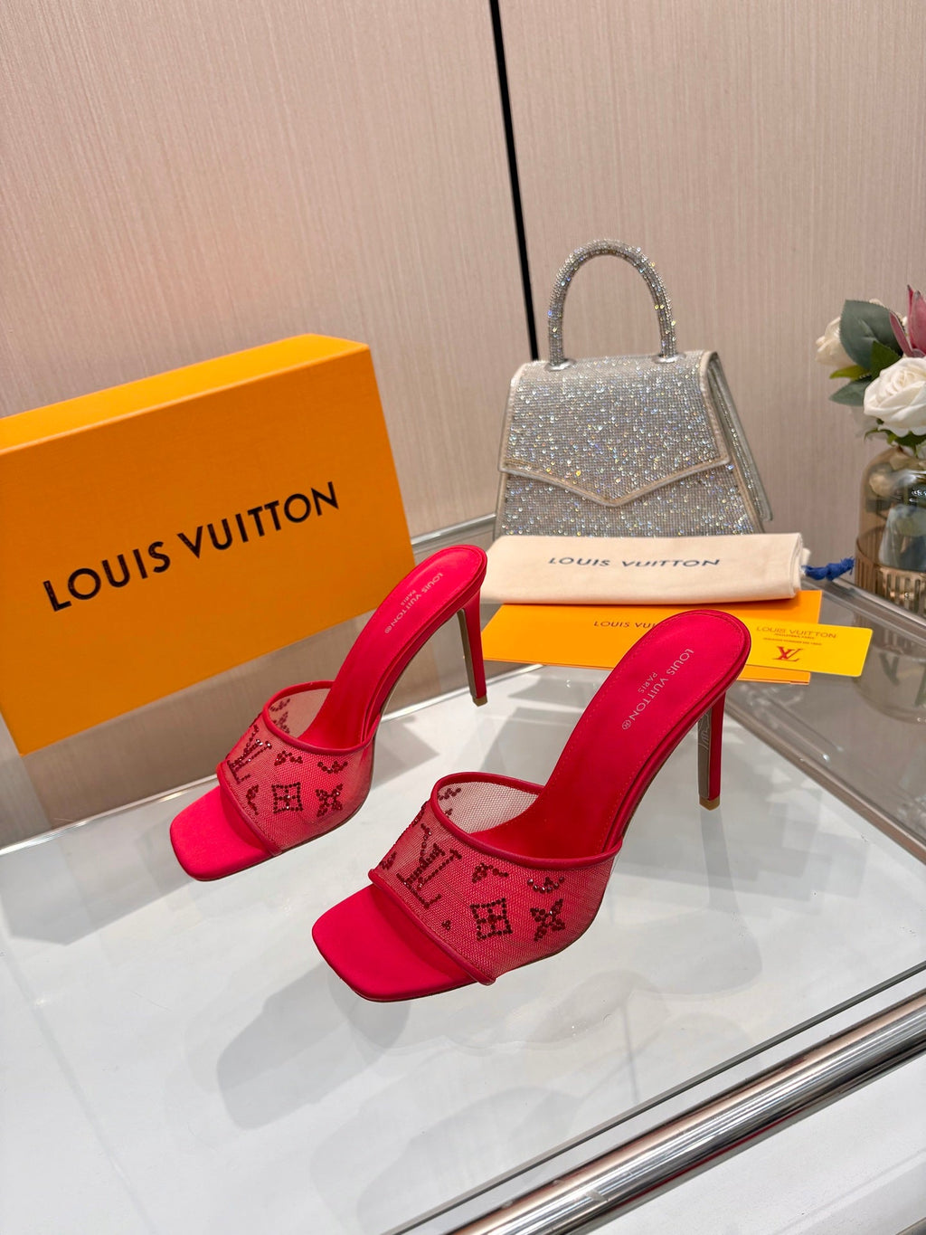 LV 26S MULE HEELS 90 MM IN RED FABRIC AND LAMBSKIN