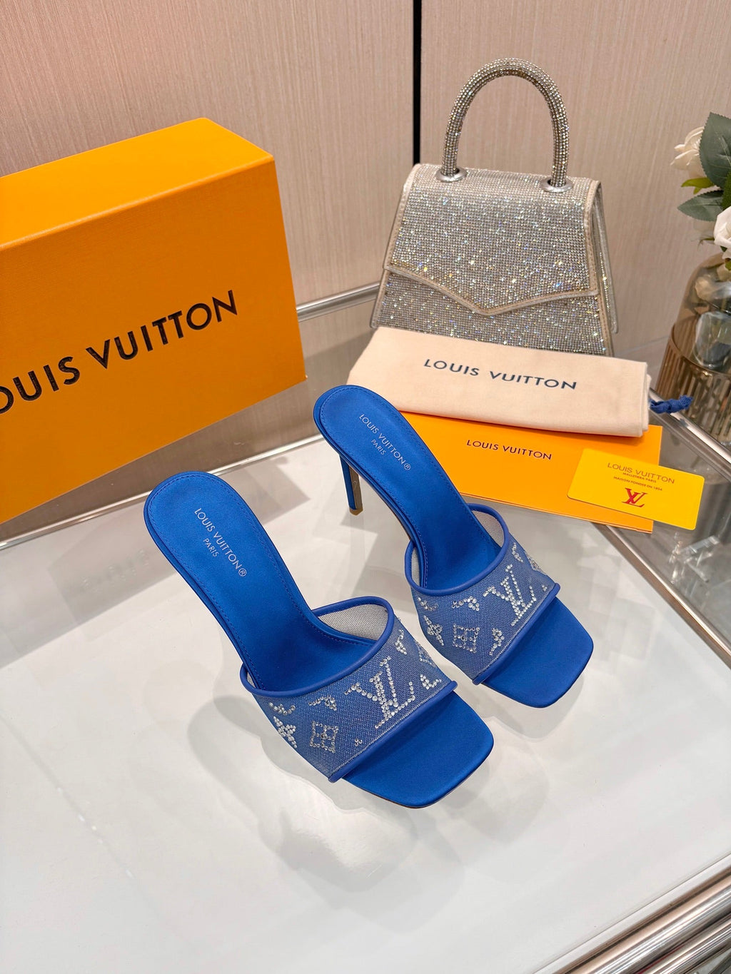 LV 26S MULE HEELS 90 MM IN NAVY BLUE FABRIC AND LAMBSKIN