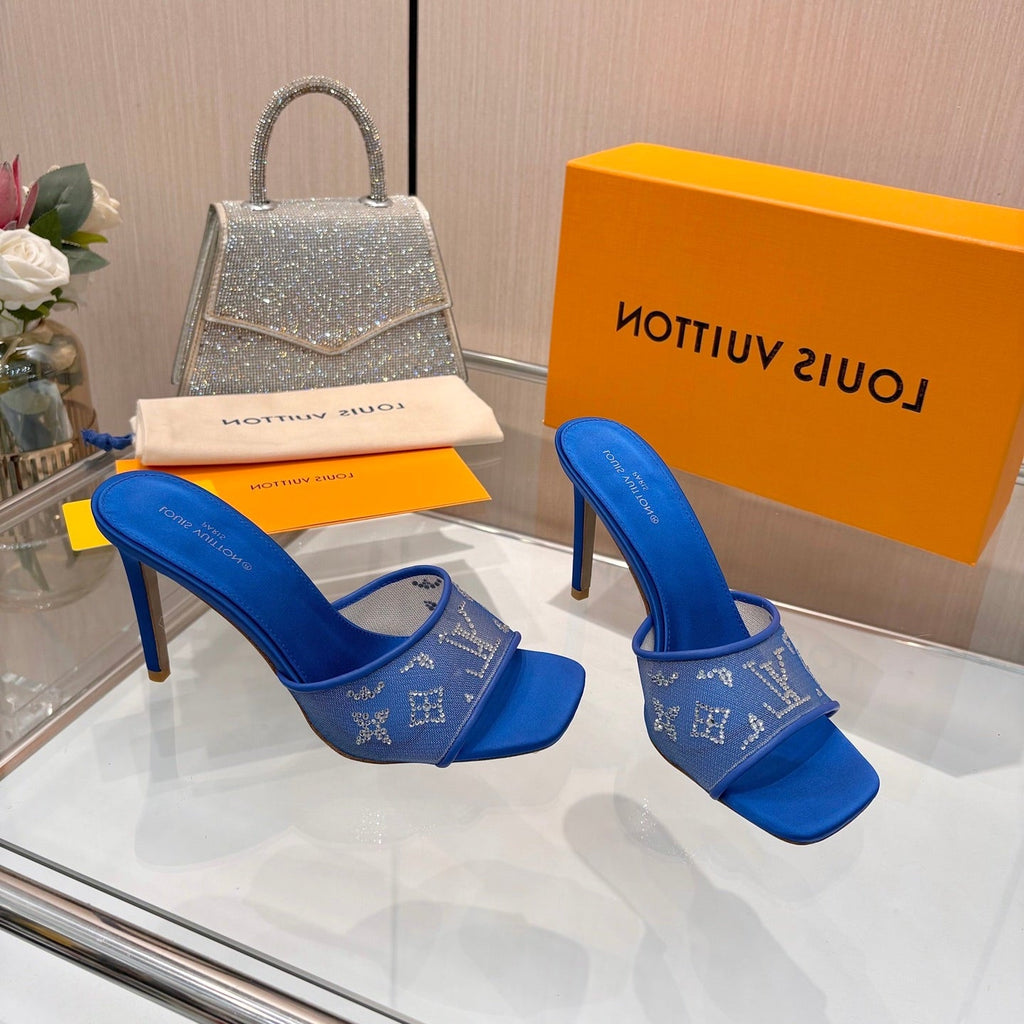 LV 26S MULE HEELS 90 MM IN NAVY BLUE FABRIC AND LAMBSKIN