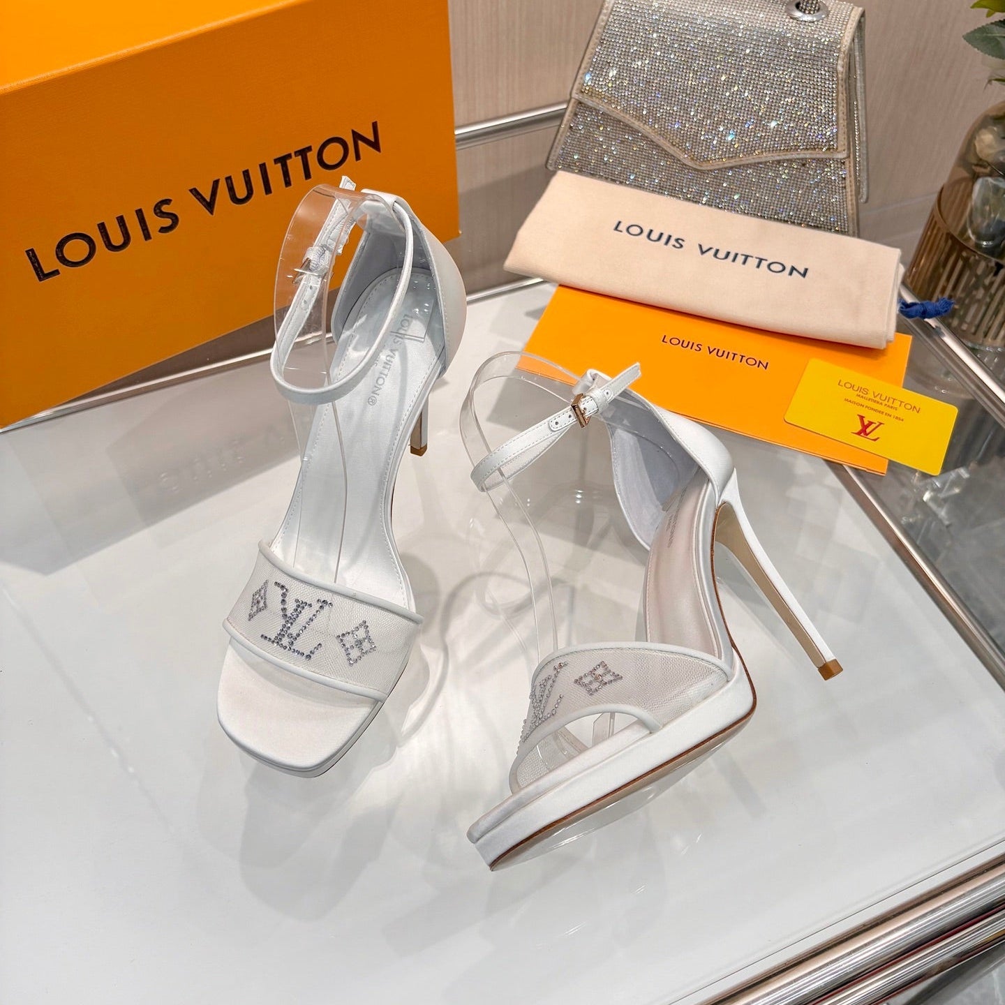 LV 26S HIGH HEEL SANDALS 110 MM IN WHITE FABRIC AND LAMBSKIN