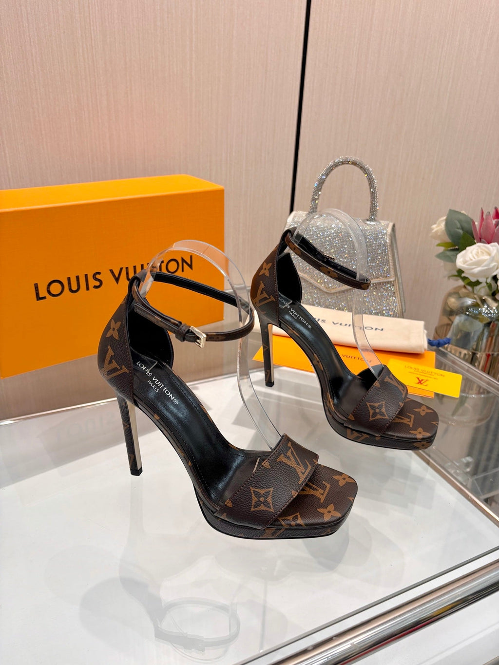LV 26S HIGH HEEL SANDALS 110 MM IN DARK BROWN MONOGRAM CANVAS