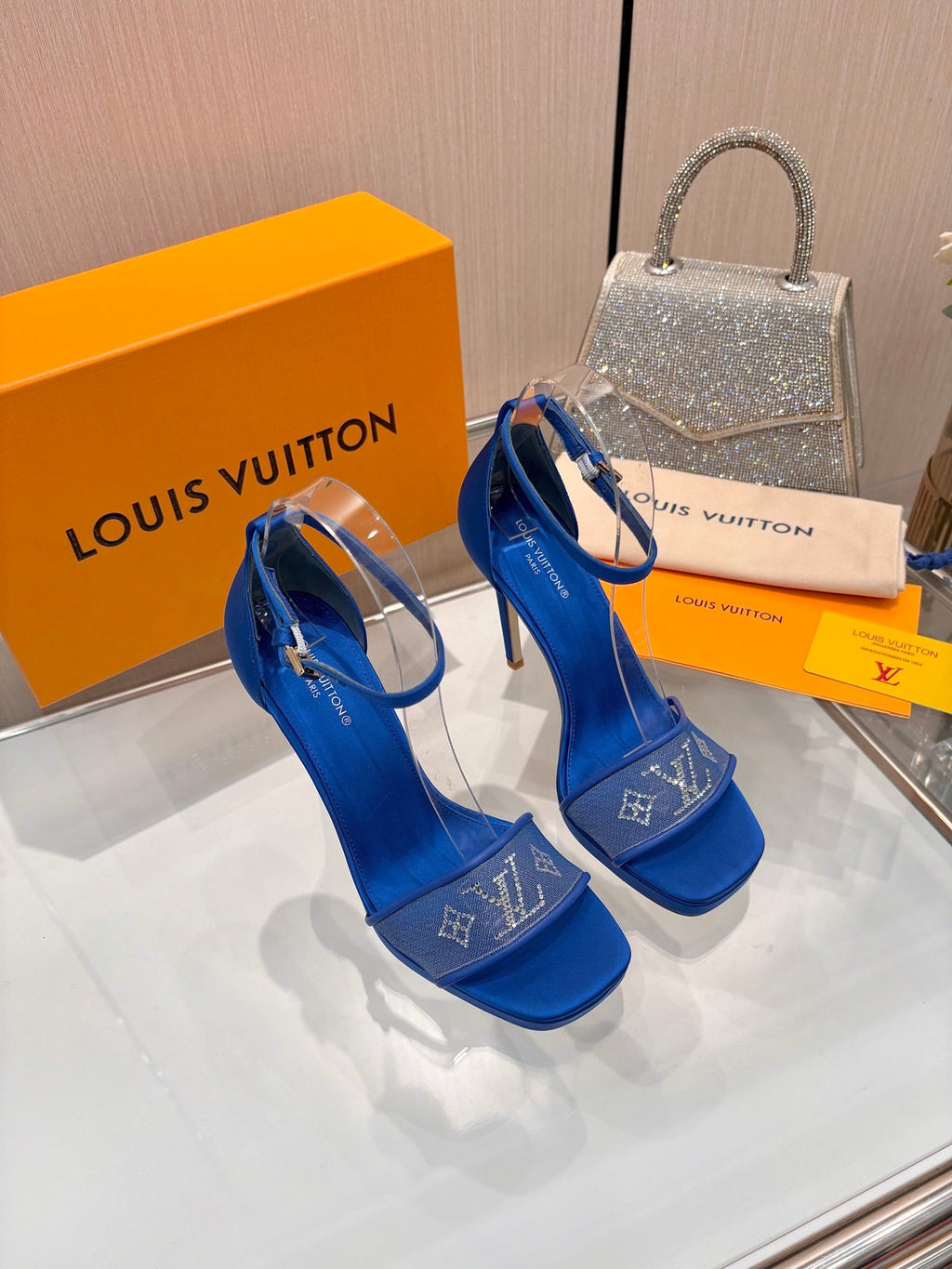 LV 26S HIGH HEEL SANDALS 110 MM IN NAVY BLUE FABRIC AND LAMBSKIN