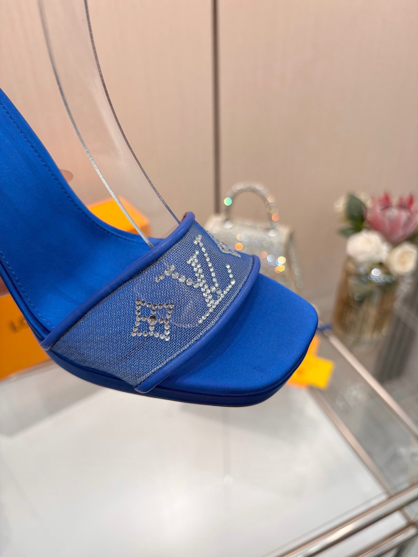 LV 26S HIGH HEEL SANDALS 110 MM IN NAVY BLUE FABRIC AND LAMBSKIN
