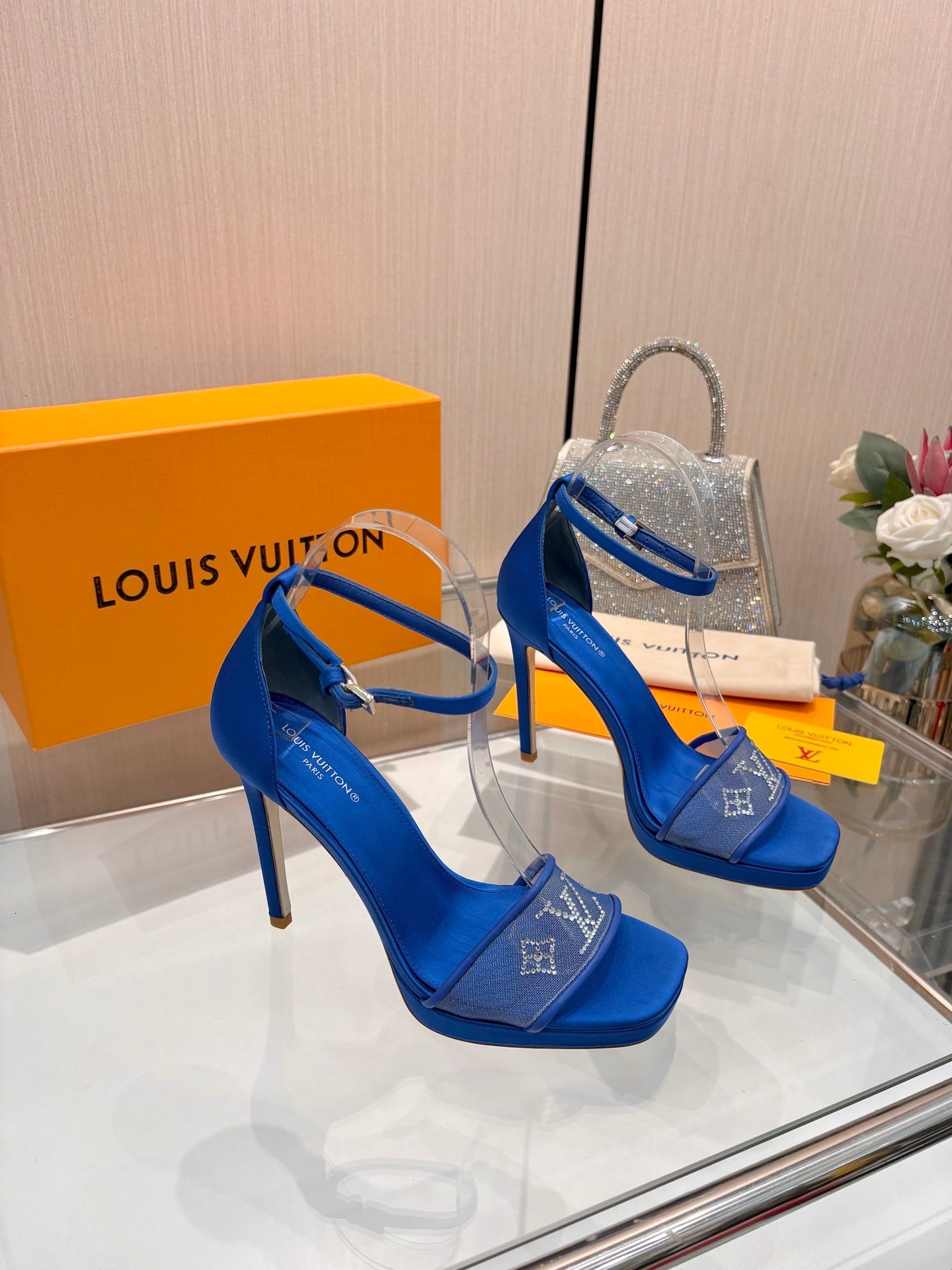 LV 26S HIGH HEEL SANDALS 110 MM IN NAVY BLUE FABRIC AND LAMBSKIN