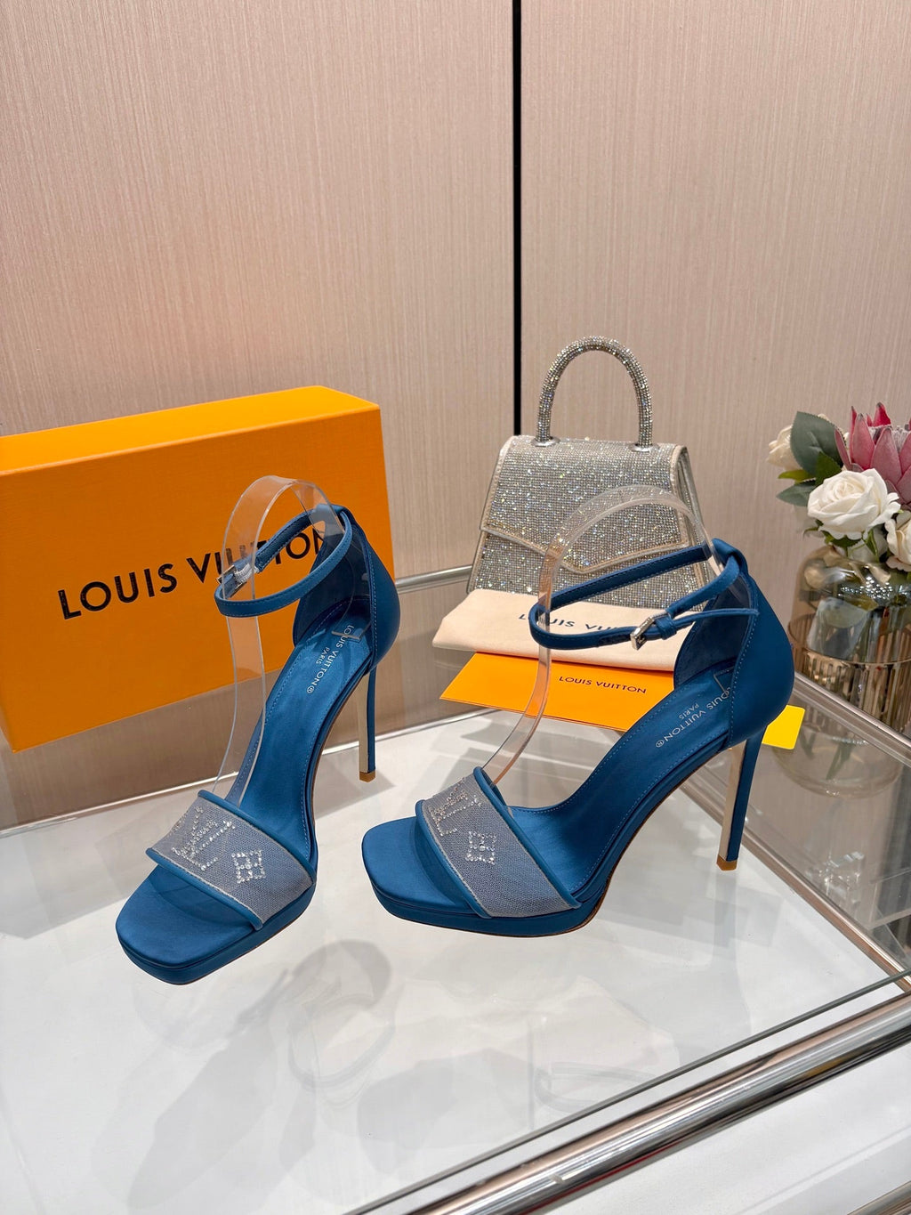 LV 26S HIGH HEEL SANDALS 110 MM IN OCEAN BLUE FABRIC AND LAMBSKIN