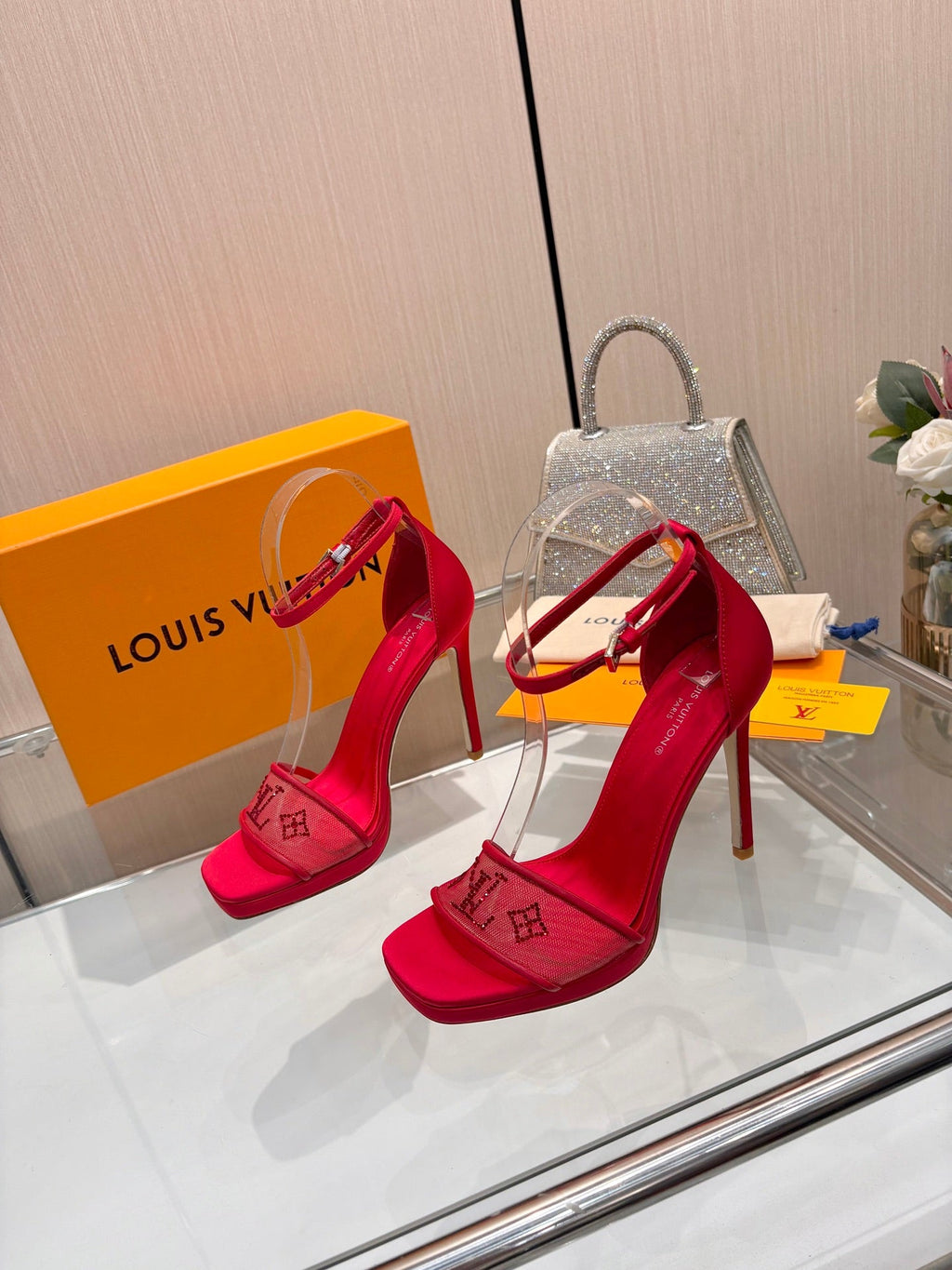 LV 26S HIGH HEEL SANDALS 110 MM IN RED FABRIC AND LAMBSKIN