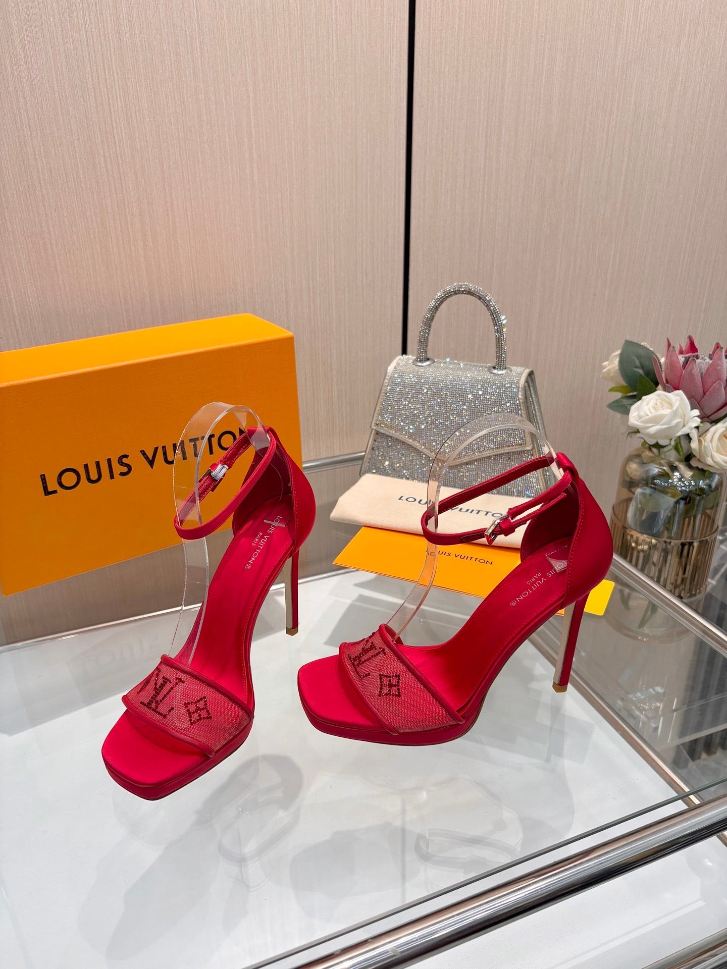 LV 26S HIGH HEEL SANDALS 110 MM IN RED FABRIC AND LAMBSKIN