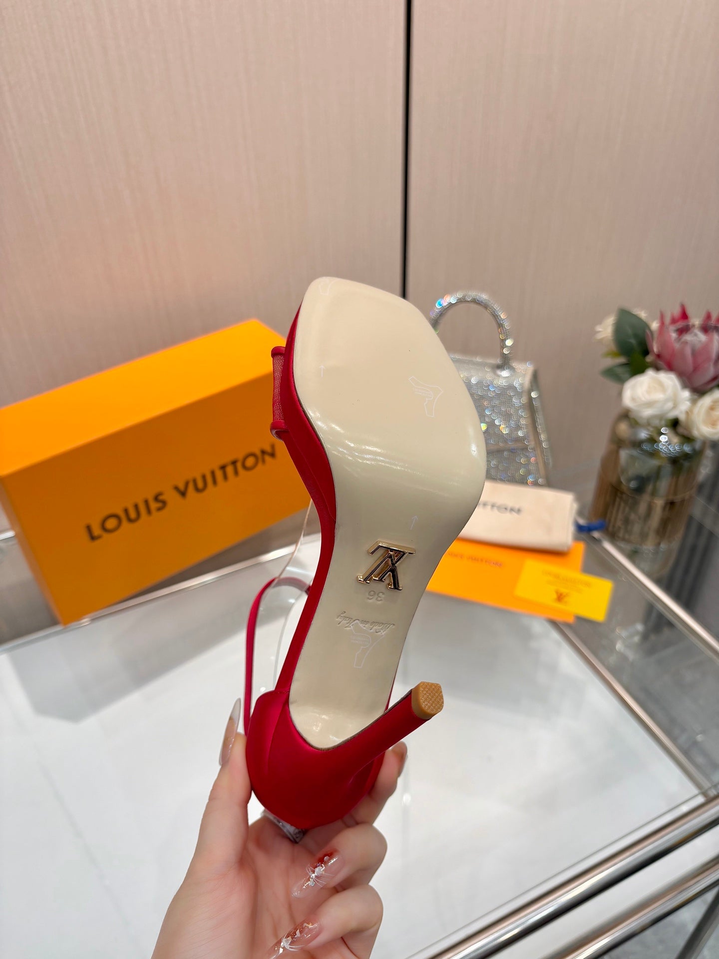 LV 26S HIGH HEEL SANDALS 110 MM IN RED FABRIC AND LAMBSKIN