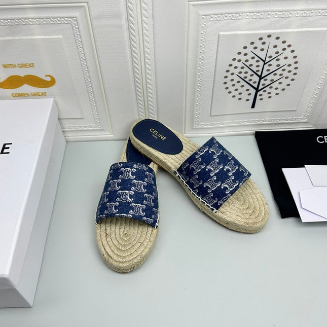 NEW FLAT FISHERMAN SLIPPERS NAVY BLUE COTTON CANVAS