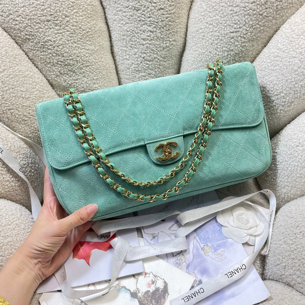 CHANEL 26S CLASSIC FLAP 33 IN MINT GREEN SUEDE