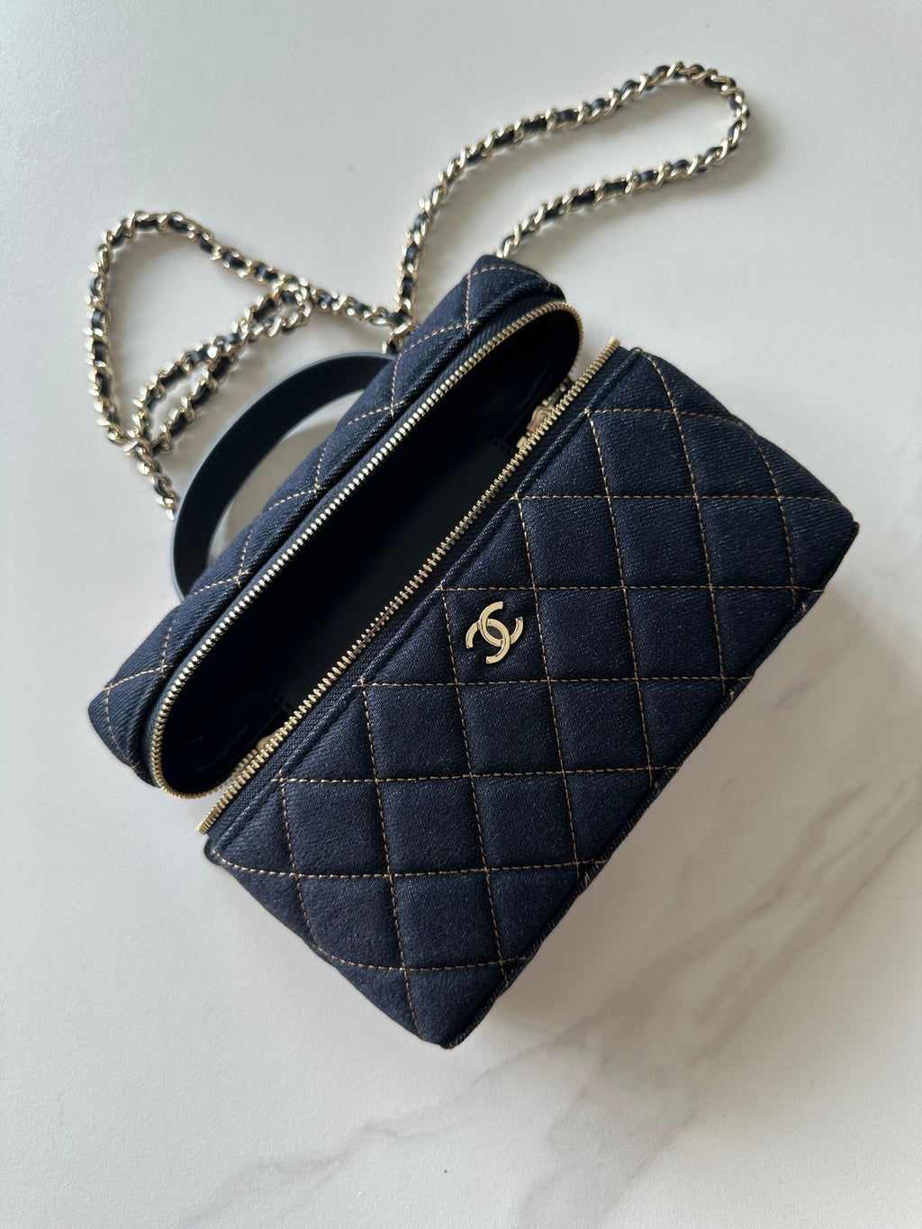CHANEL 25S VANITY CLASSIC FLAP 17 IN DARK BLUE QUILTED DENIM GOLD HARDWARE