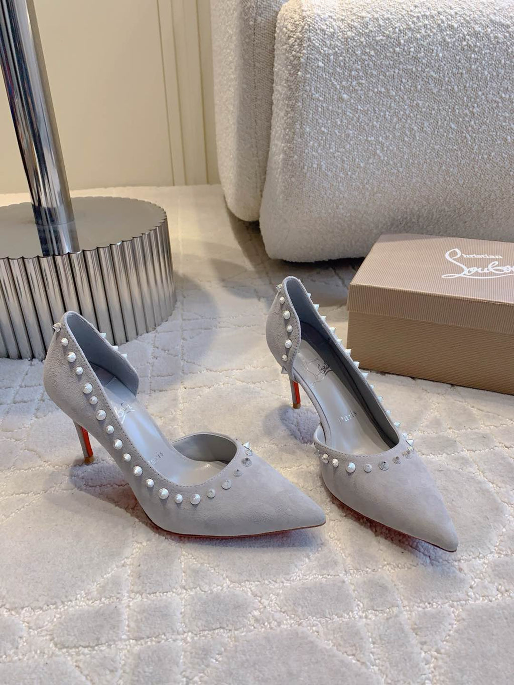 IRIZA PUMPS 85MM IN GREY SUEDE SILVER SPIKES