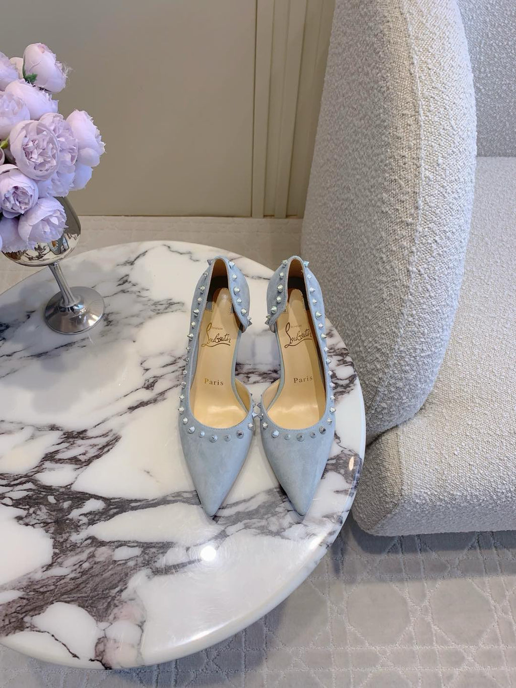IRIZA PUMPS 85MM IN LIGHT BLUE SUEDE SILVER SPIKES
