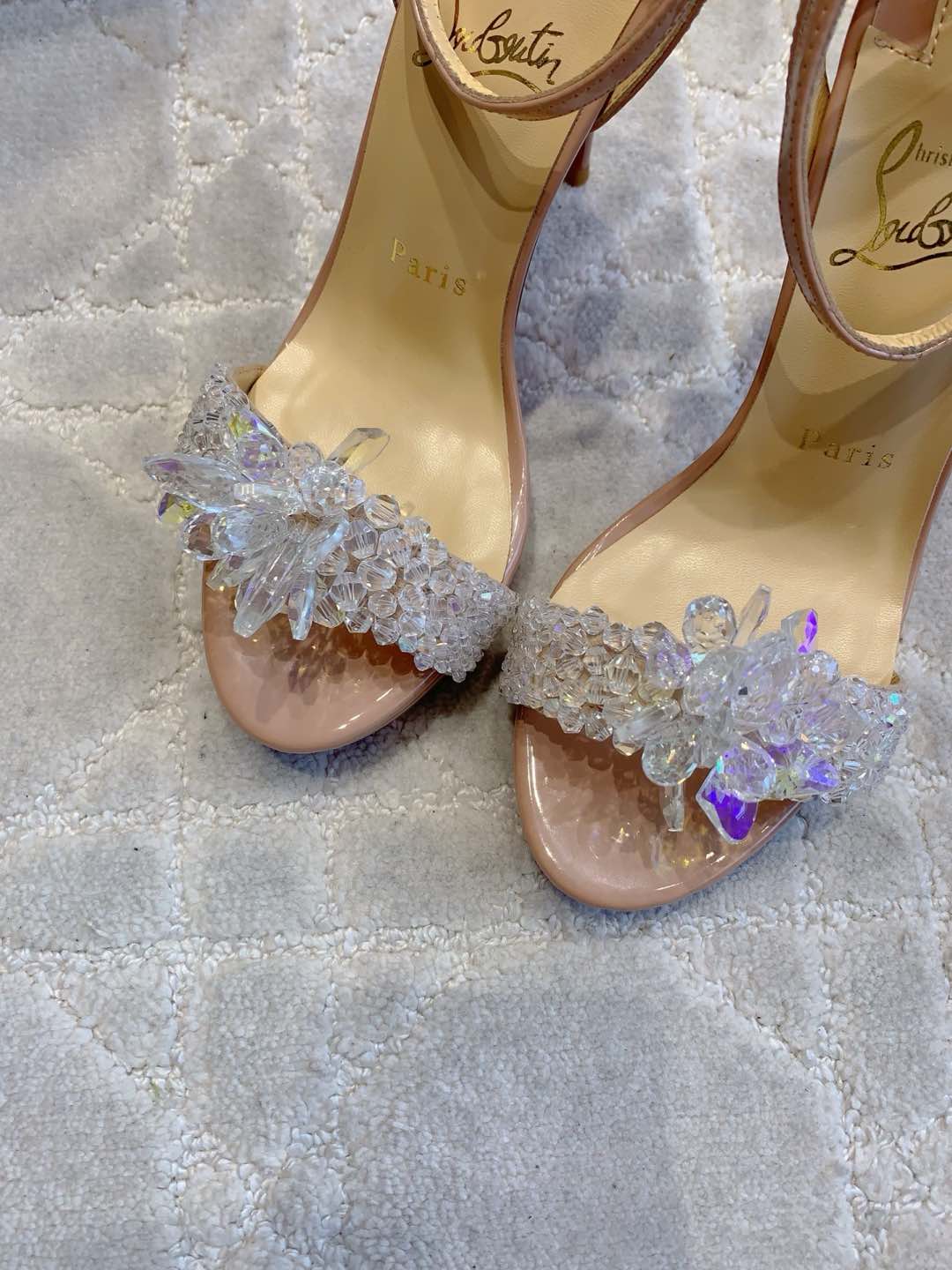 CRYSTAL QUEEN SANDAL 100MM IN NUDE CALFSKIN EMBELLISHED