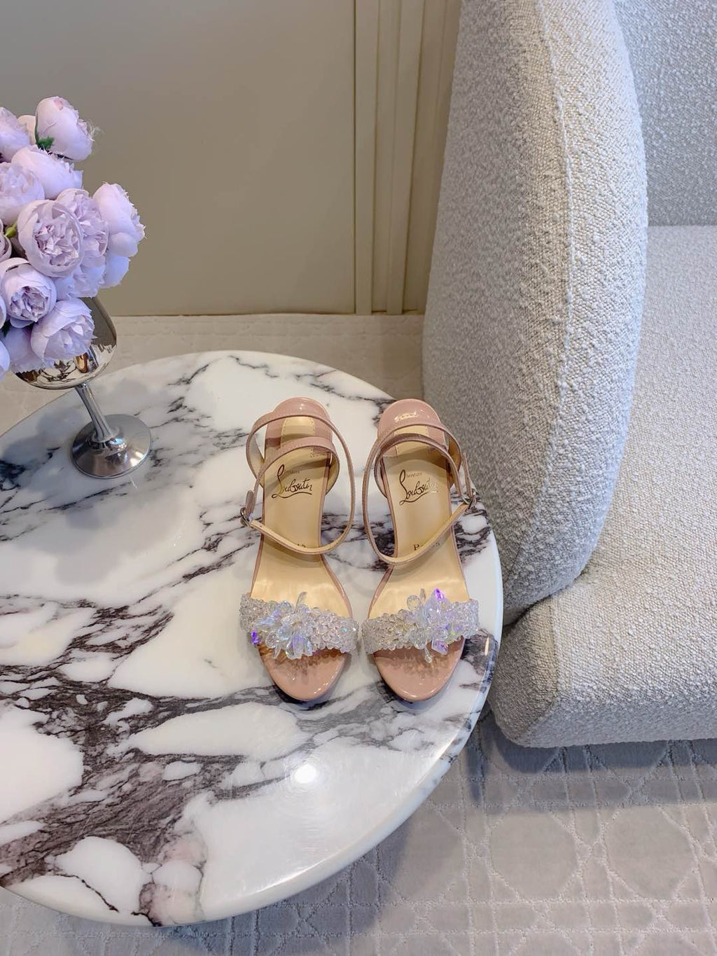CRYSTAL QUEEN SANDAL 100MM IN NUDE CALFSKIN EMBELLISHED