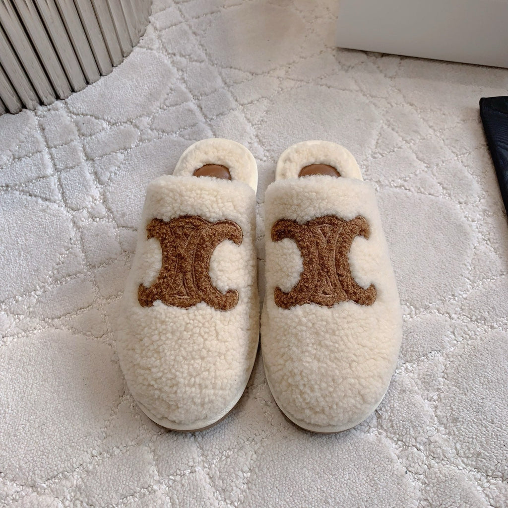 CELINE 26S MULES WITH LOGO IN LIGHT BEIGE AND BROWN WOOL