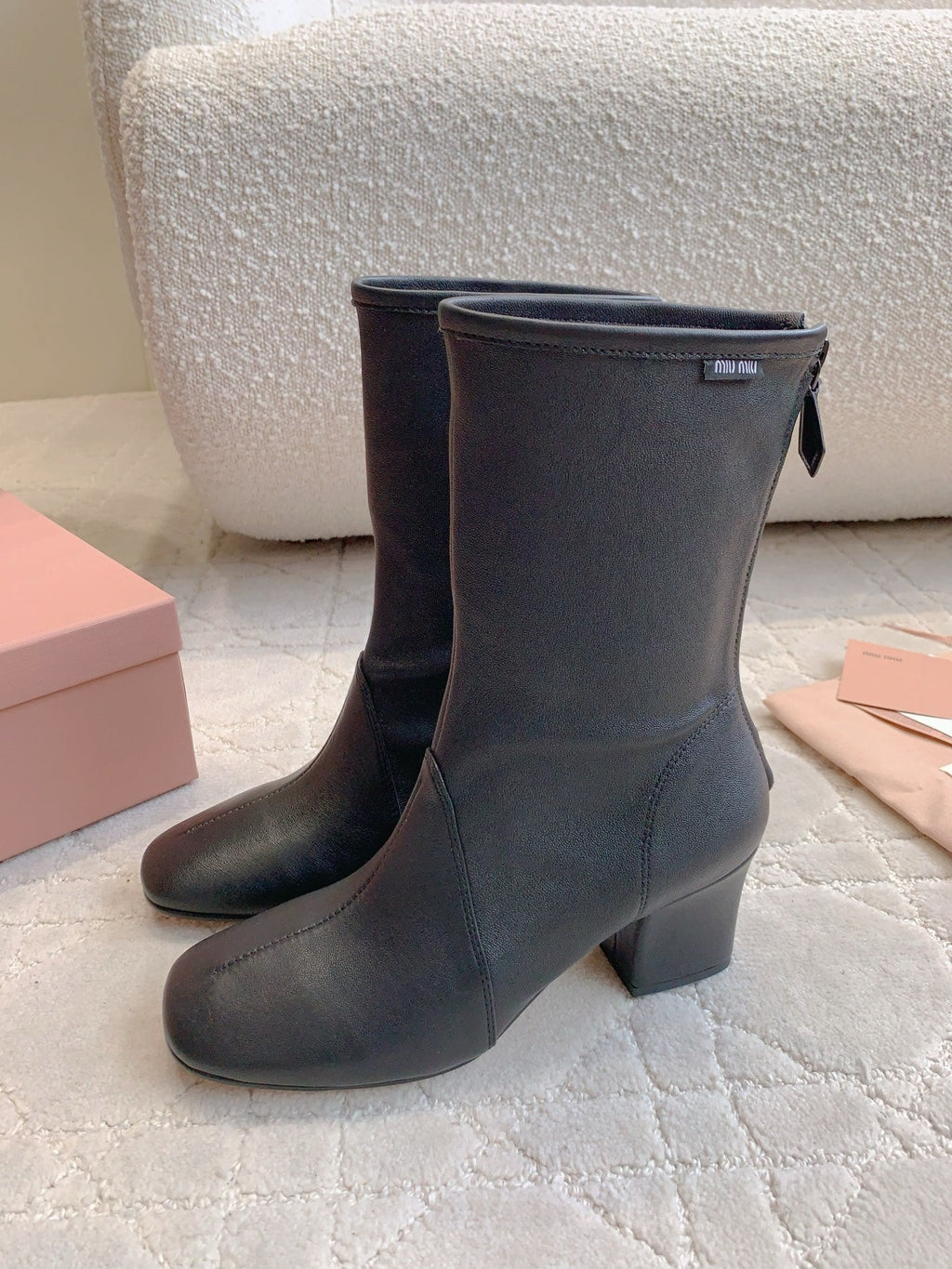 MIUMIU 26S HIGH-HEELED ANKLE BOOTS 70MM IN BLACK CALFSKIN