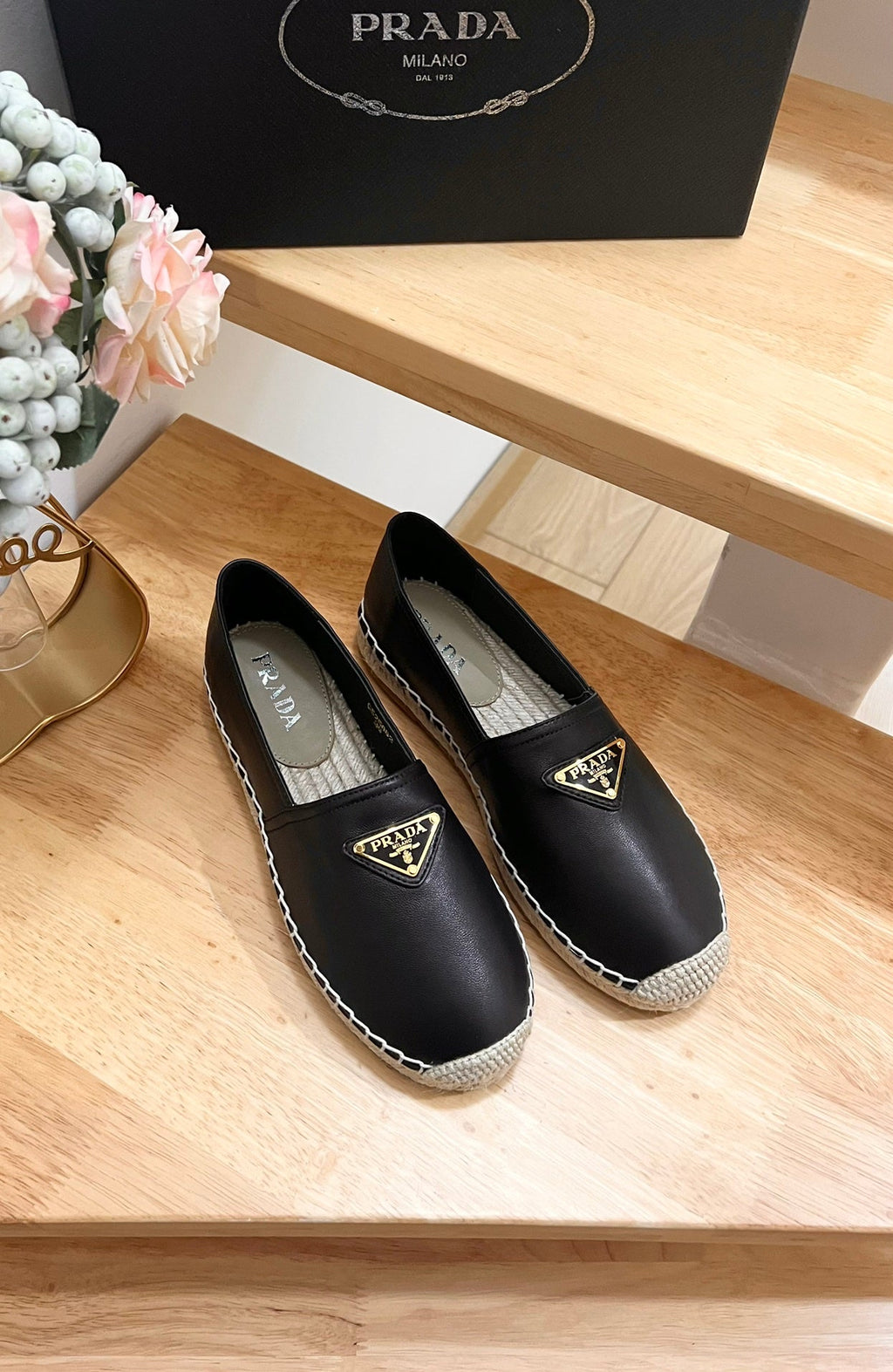 PRADA 26S LOGO ESPADRILLE SLIP ON FLATS IN BLACK CALFSKIN