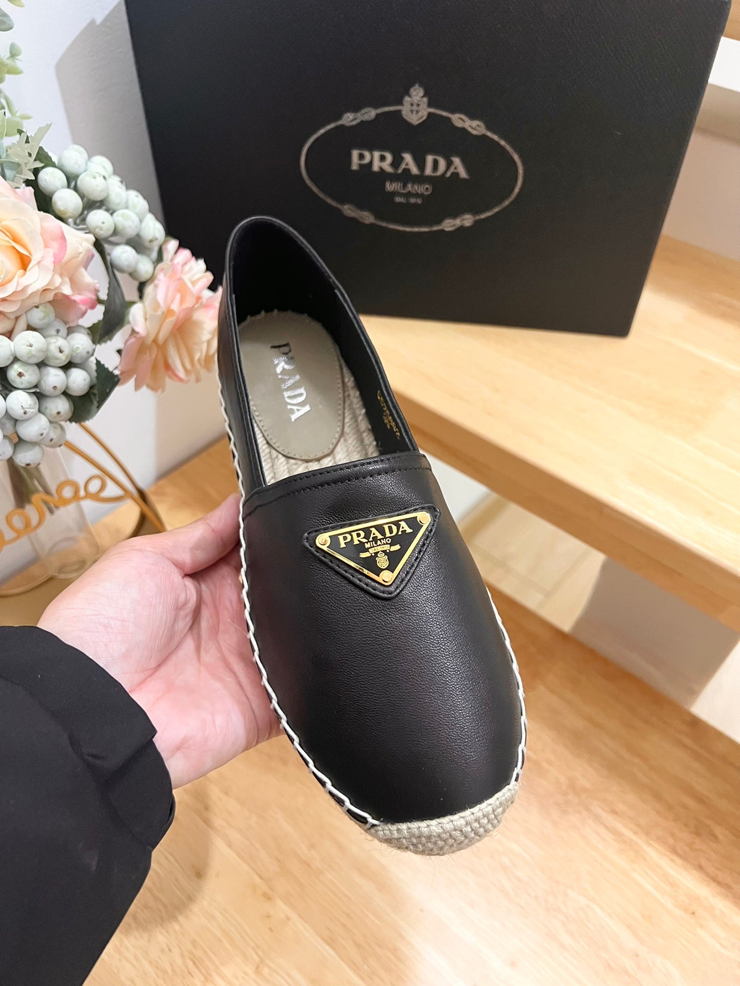 PRADA 26S LOGO ESPADRILLE SLIP ON FLATS IN BLACK CALFSKIN