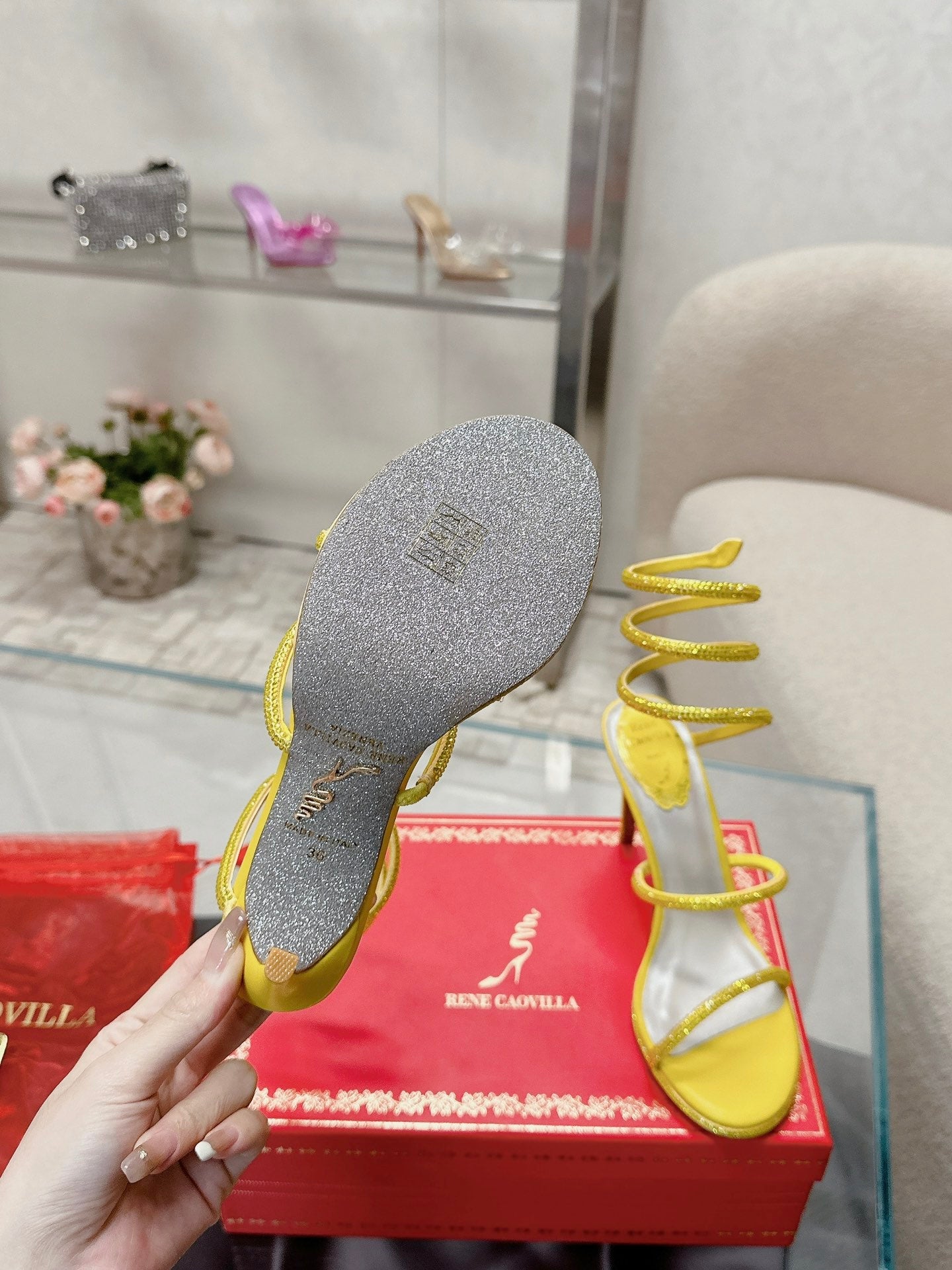 RENE CAOVILLA 26S STILETTO SANDALS 95 MM IN YELLOW LAMBSKIN