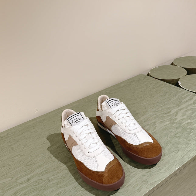 CHLOÉ 26S SNEAKERS IN WHITE MESH AND BROWN SUEDE