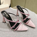 HIGH HEEL MULE 10 CM IN BABY PINK SATIN WITH RHINESTONES