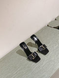 YSL 25S SQUARE-TOE HIGH-HEEL SANDALS 100 MM IN BLACK LAMBSKIN WITH GOLD HARDWARE