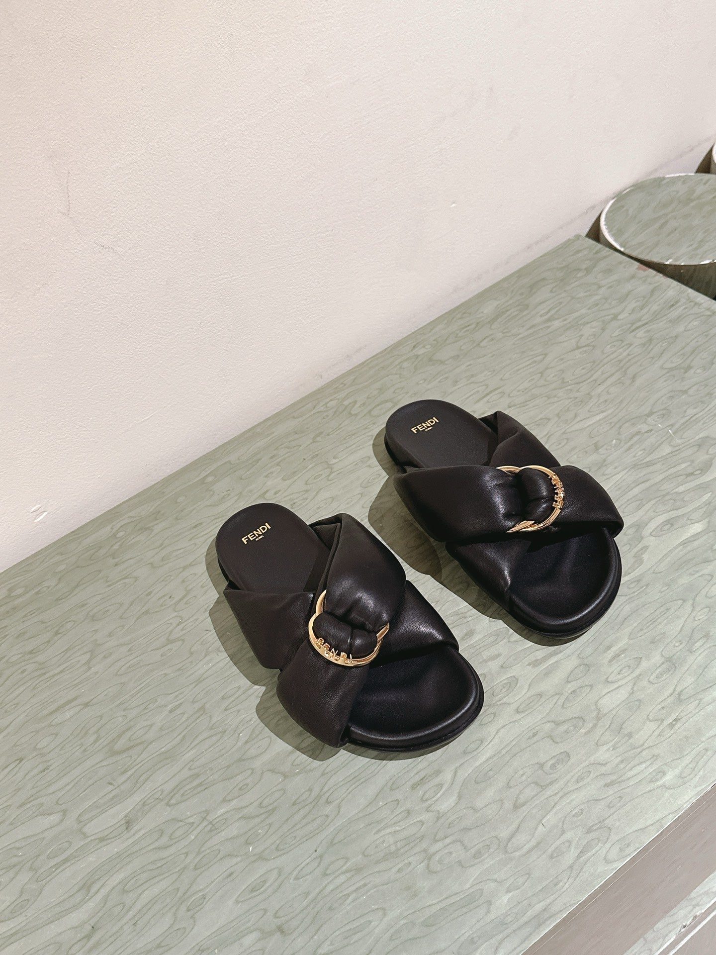FENDI 26S WIDE CROSS-STRAP SANDALS IN BLACK LAMBSKIN