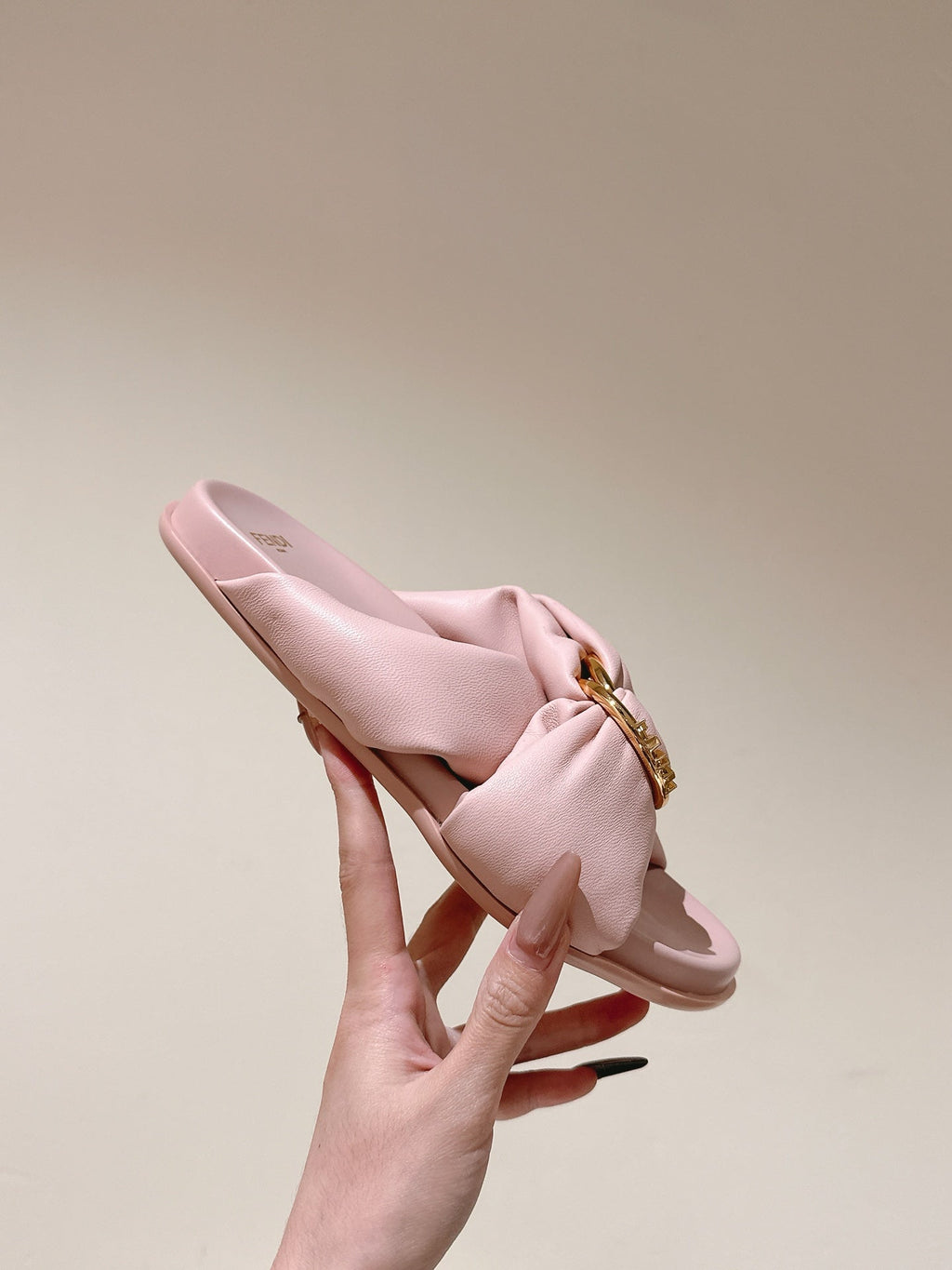 FENDI 26S WIDE CROSS-STRAP SANDALS IN LIGHT PINK LAMBSKIN