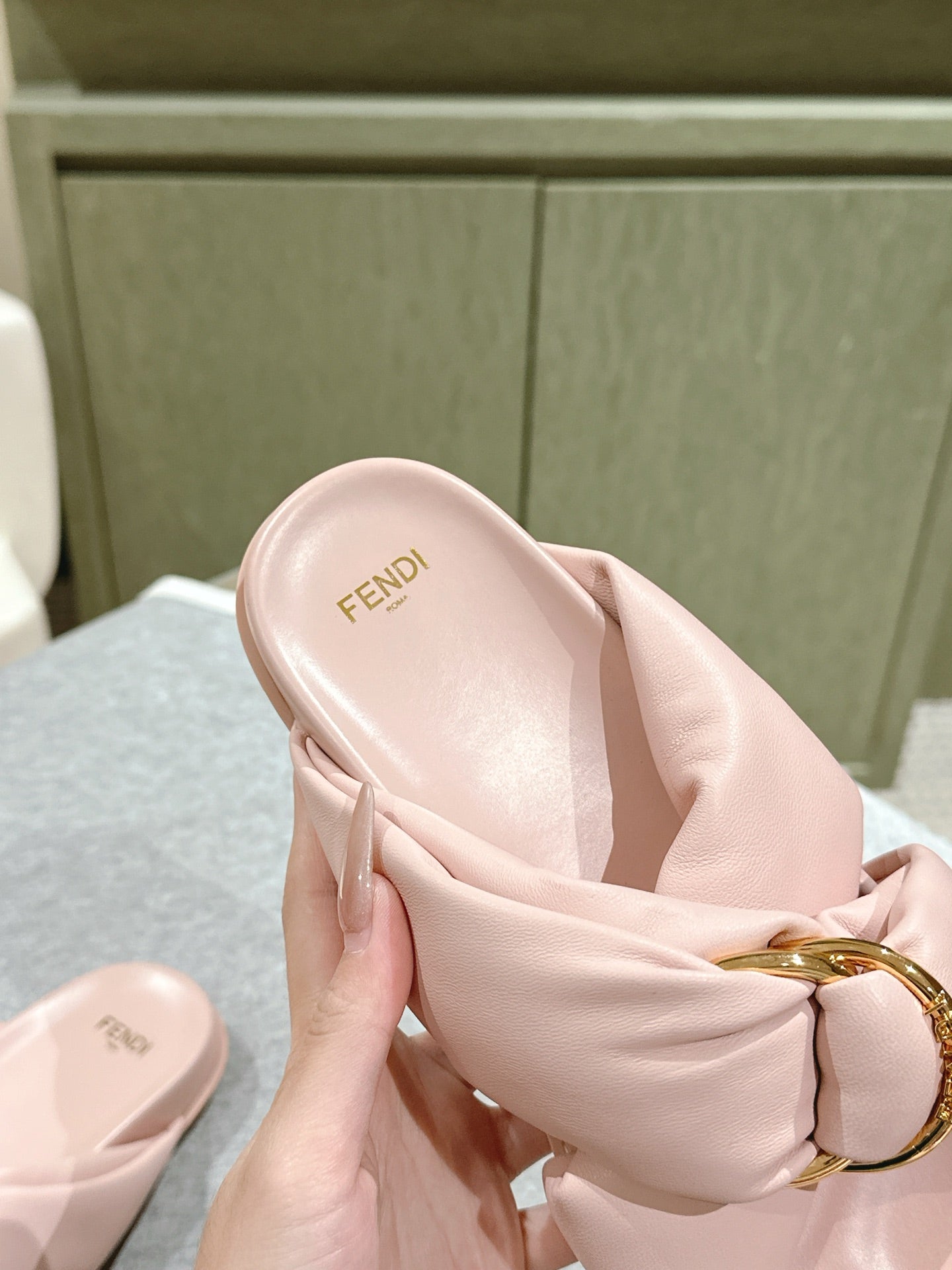 FENDI 26S WIDE CROSS-STRAP SANDALS IN LIGHT PINK LAMBSKIN