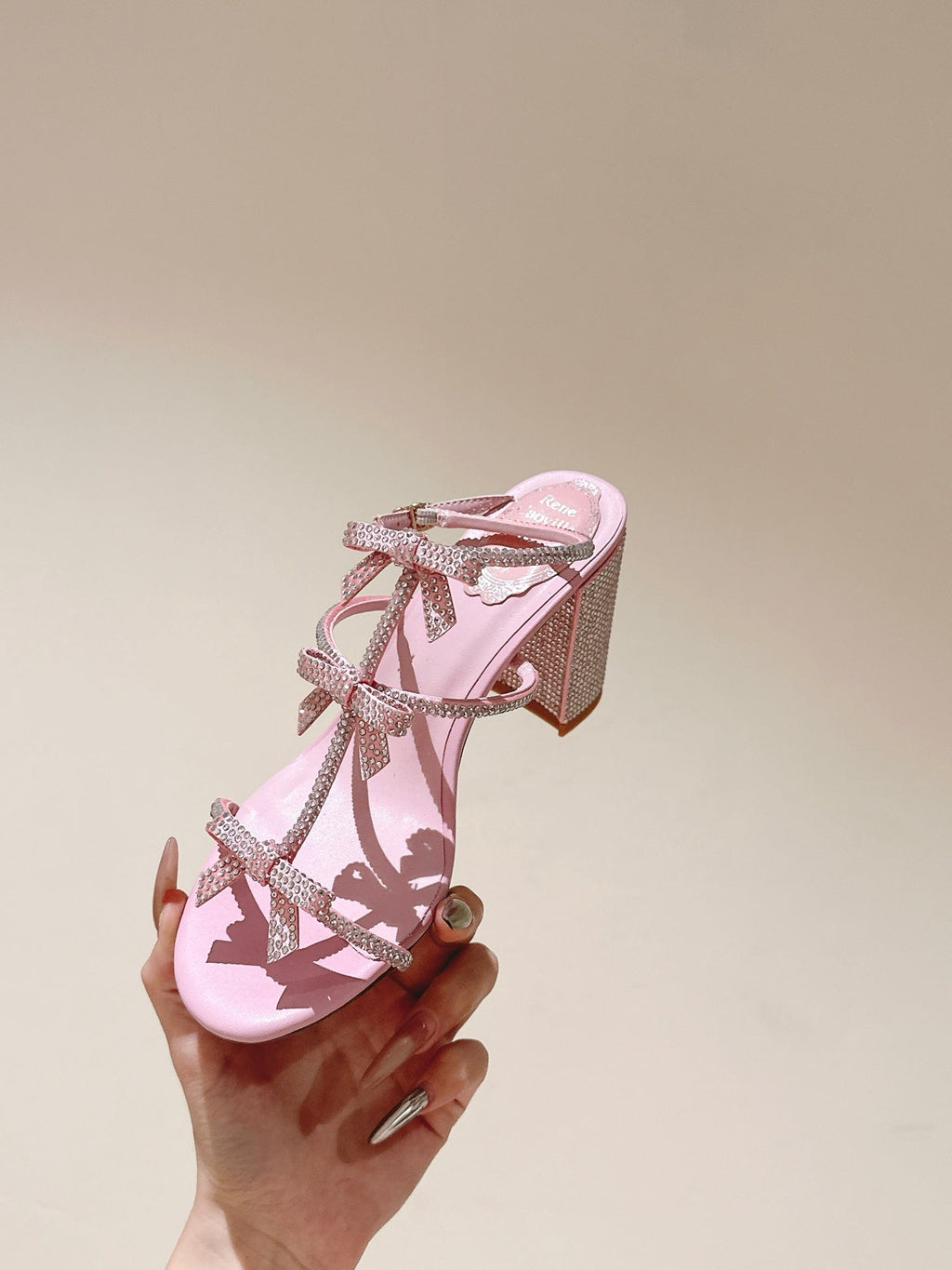 RENE CAOVILLA 26S HEELED SANDALS 75 MM IN LIGHT PINK LAMBSKIN WITH BOW